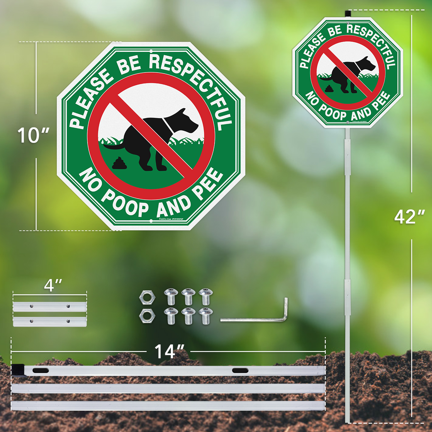 Faittoo No Peeing No Pooping Dog Sign with 42" Stake for yard, 2-Pack 10"x10" Rust Free Heavy Aluminum, Reflective, Fade Resistant, 2 pre-drilled holes, Includes Matching Screws & Wrench