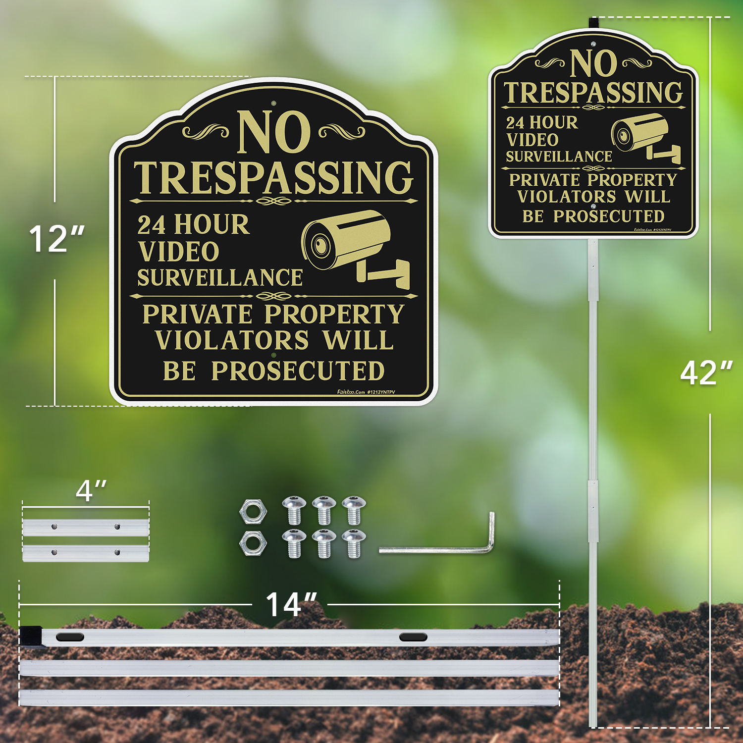 Faittoo No Trespassing Signs Private Property Video Surveillance Sign with 42" Stake, 2-Pack 12"x12" Rust Free Aluminum, Reflective, 2 pre-drilled holes, Includes Matching Screws & Wren