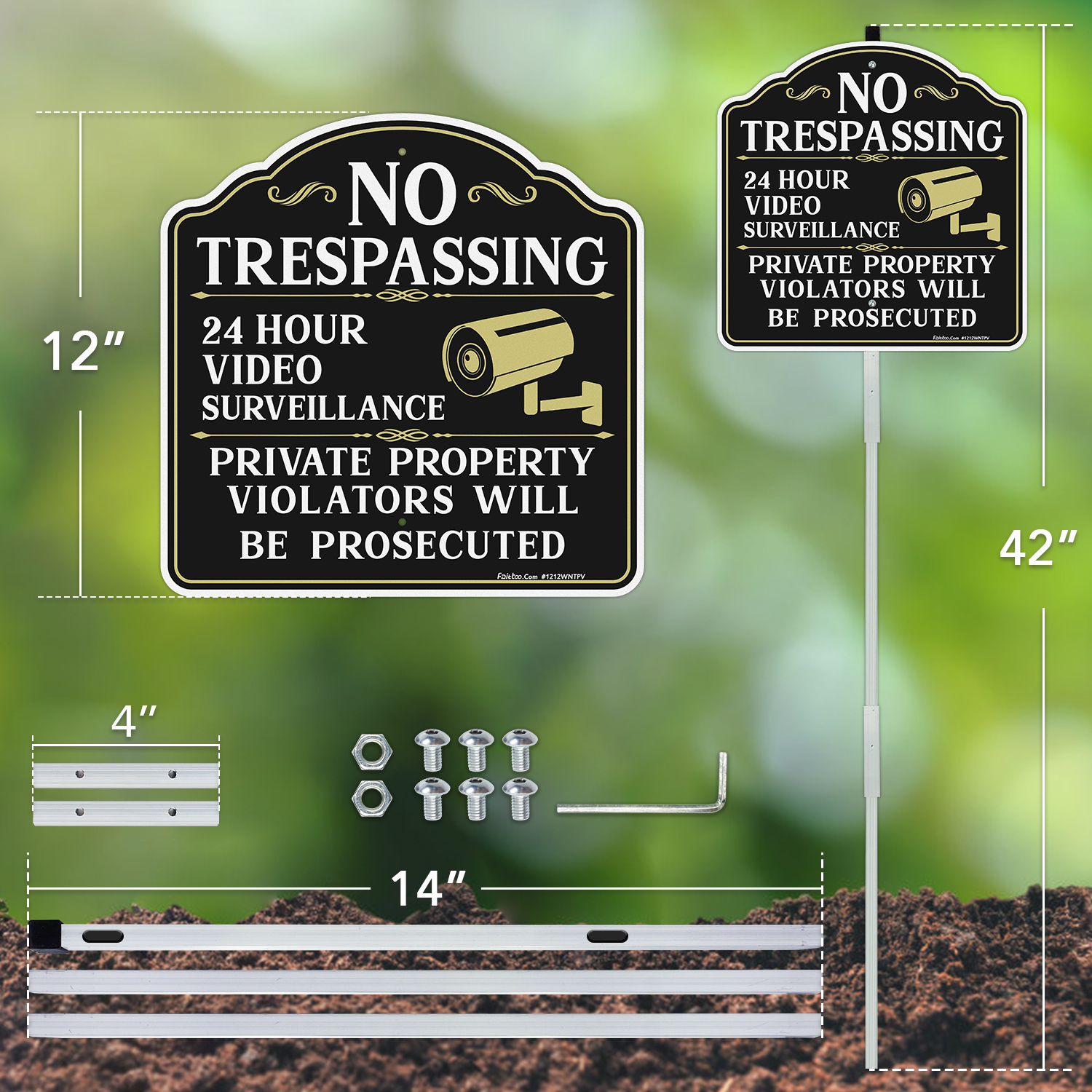Faittoo No Trespassing Signs Private Property Video Surveillance Sign with 42" Stake, 4-Pack 12"x12" Rust Free Aluminum, Reflective, 2 pre-drilled holes, Includes Matching Screws & Wren (White)