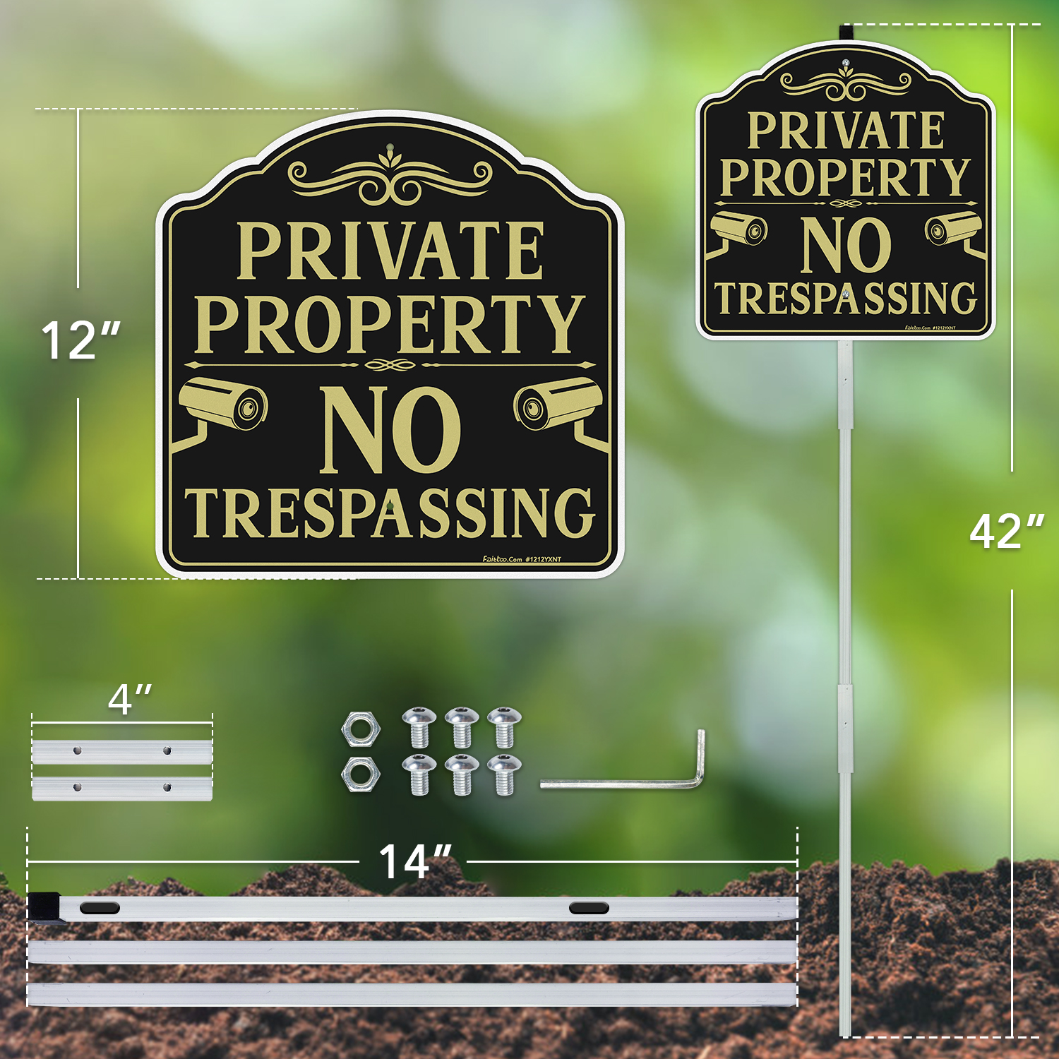Faittoo No Trespassing Sign Private Property with 42" Stake, 12"x12" Rust Free Heavy Aluminum, Reflective, Fade Resistant, 2 pre-drilled holes, Includes Matching Screws & Wrench