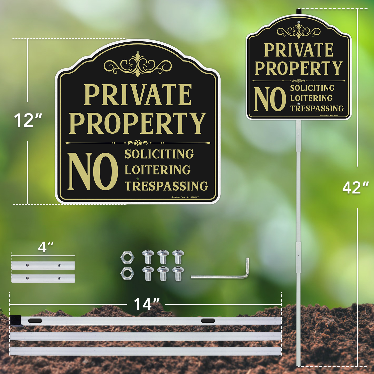 Faittoo Private Property No Soliciting Sign for House with 42" Stake, 4-Pack 12"x12" Rust Free Heavy Aluminum, Reflective, Fade Resistant, 2 pre-drilled holes, Includes Matching Screws & Wrench