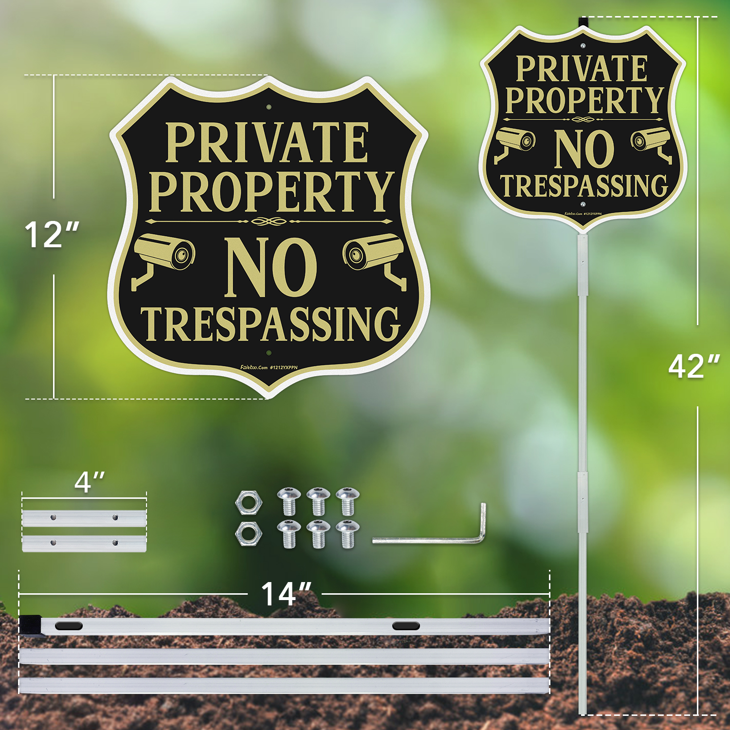 Faittoo No Trespassing Signs Private Property Video Surveillance Sign with 42" Stake, 2-Pack 12"x12" Rust Free Aluminum, Reflective, 2 pre-drilled holes, Includes Matching Screws & Wren