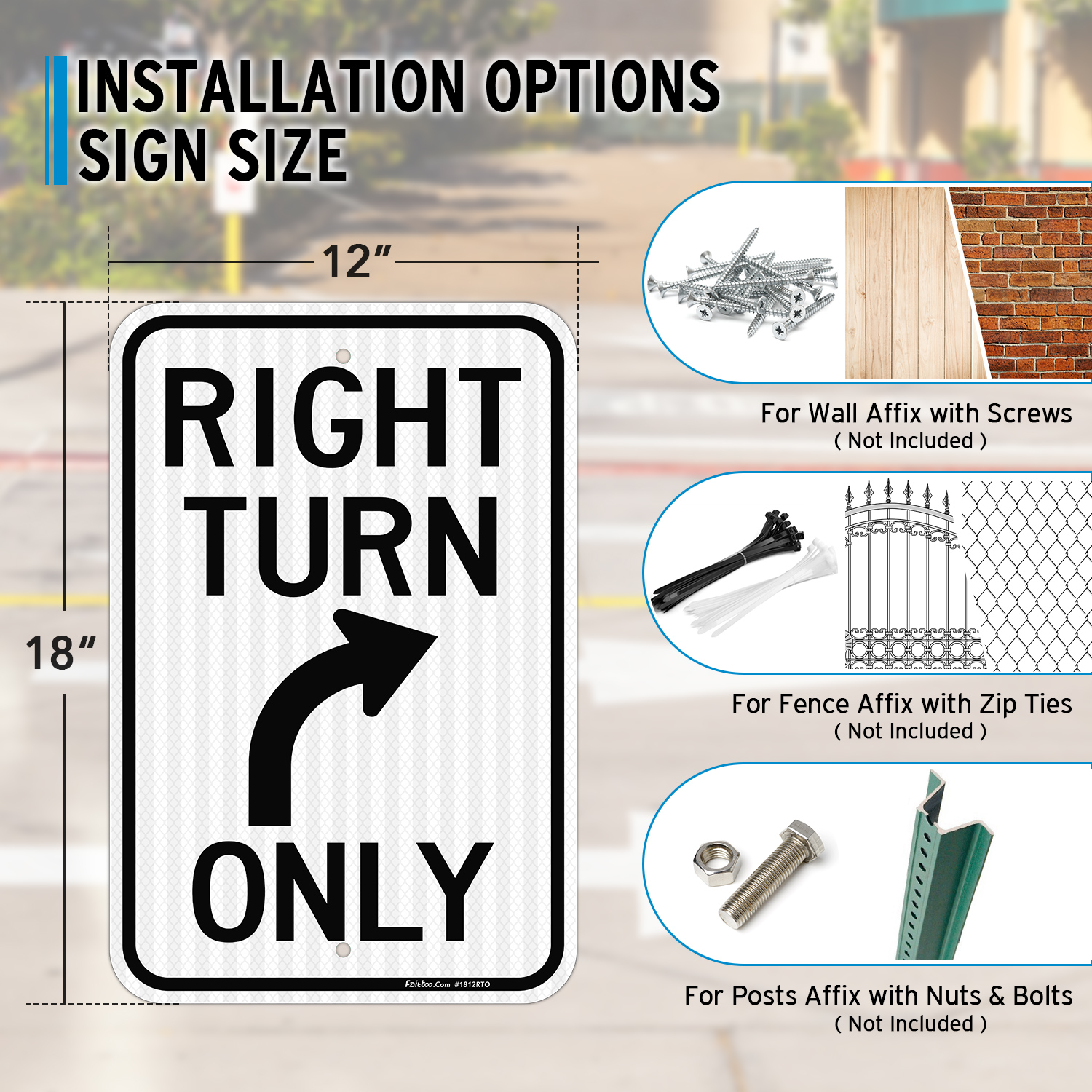 Faittoo Right Turn Only Sign, 18 x 12 Engineer Grade Reflective Sheeting Rust Free Aluminum, Weather Resistant, Waterproof, Easy to Mount