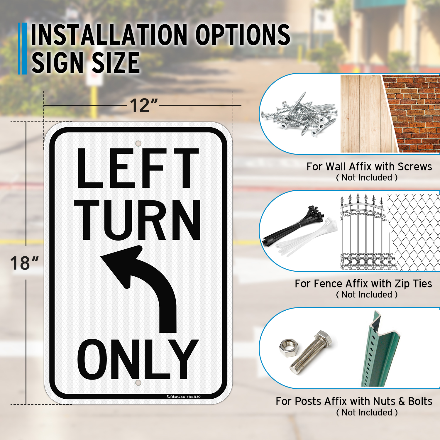 Faittoo Left Turn Only Sign, (4 Pack) 18 x 12 Engineer Grade Reflective Sheeting Rust Free Aluminum, Weather Resistant, Waterproof, Easy to Mount