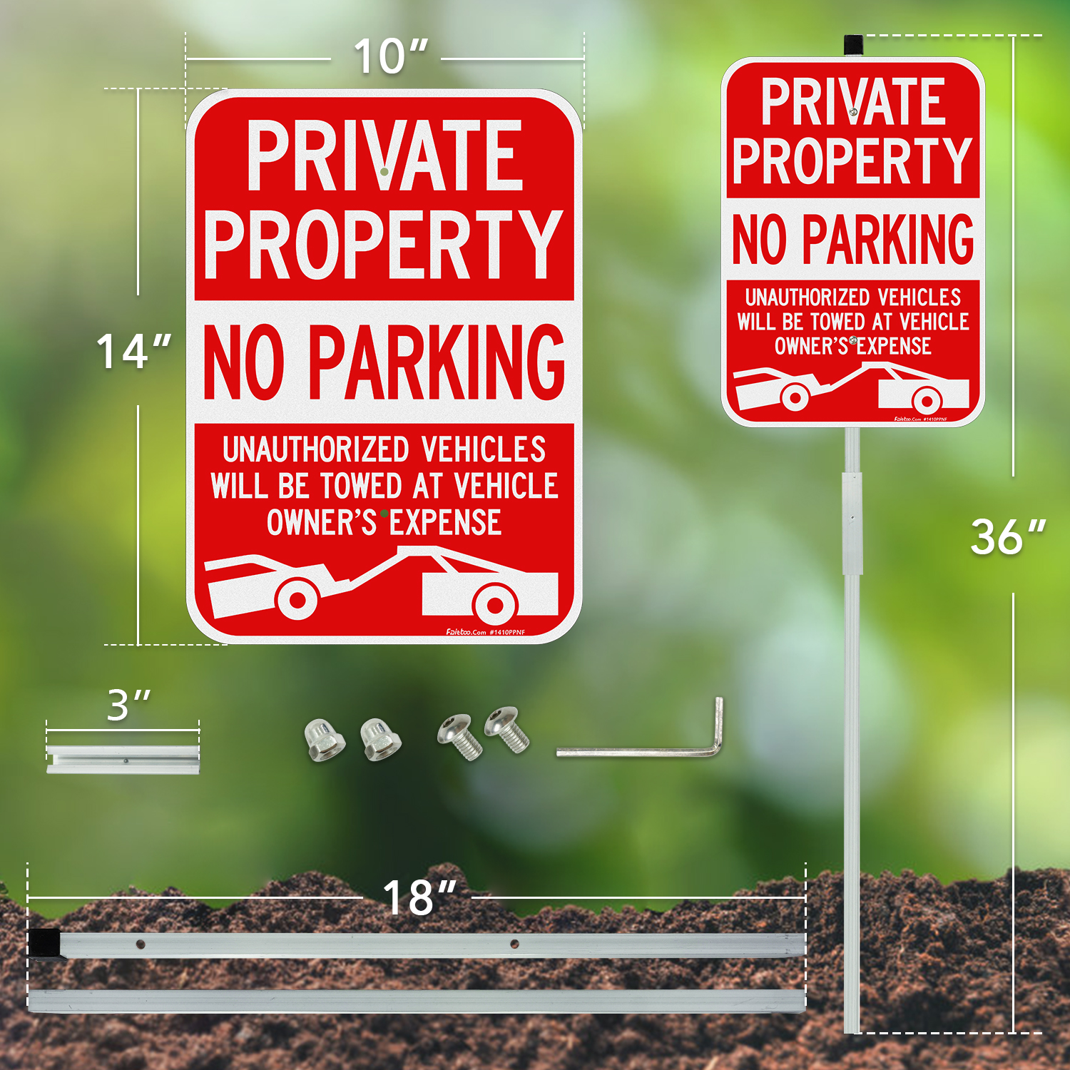 Faittoo Large Private Property No Parking Sign with 36" Stake, 14"x10" Vehicle Towed At Owner's Expense Aluminum Sign, Reflective, 2 pre-drilled holes, Includes Matching Screws & Wrench