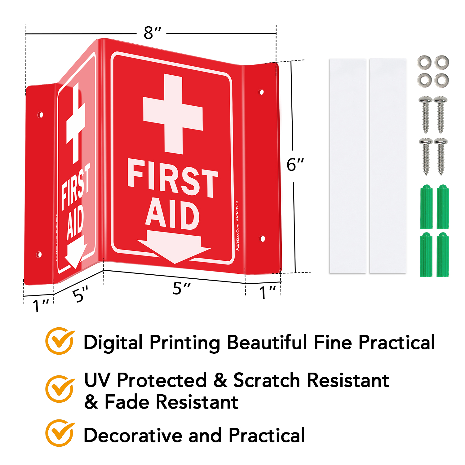Faittoo First Aid Sign, 5 Pack First Aid with Cross Symbol - 6 x 8 Inches V-Shaped Acrylic Plastic, 4 Pre-Drilled Holes, Includes Matching Screws, Use for Home Office/Business