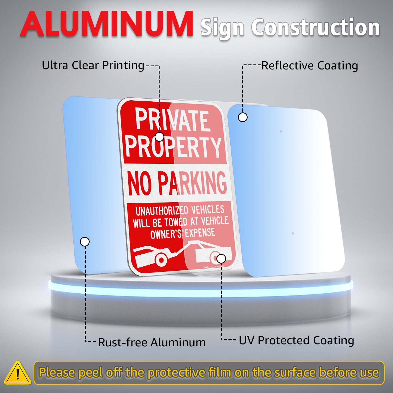 Faittoo Large Private Property No Parking Sign with 36" Stake, 14"x10" Vehicle Towed At Owner's Expense Aluminum Sign, Reflective, 2 pre-drilled holes, Includes Matching Screws & Wrench