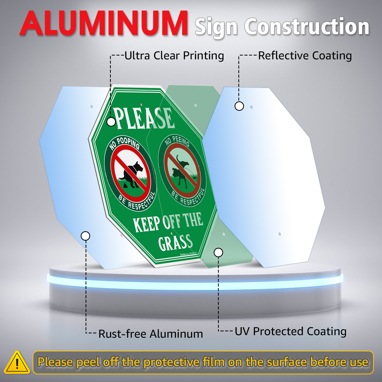 Faittoo No Peeing No Pooping Dog Sign with 36" Stake for yard, Keep off The Grass Sign, 4-Pack 12"x12" Aluminum, Reflective, Fade Resistant, 2 pre-drilled holes, Includes Matching Screws & Wrench