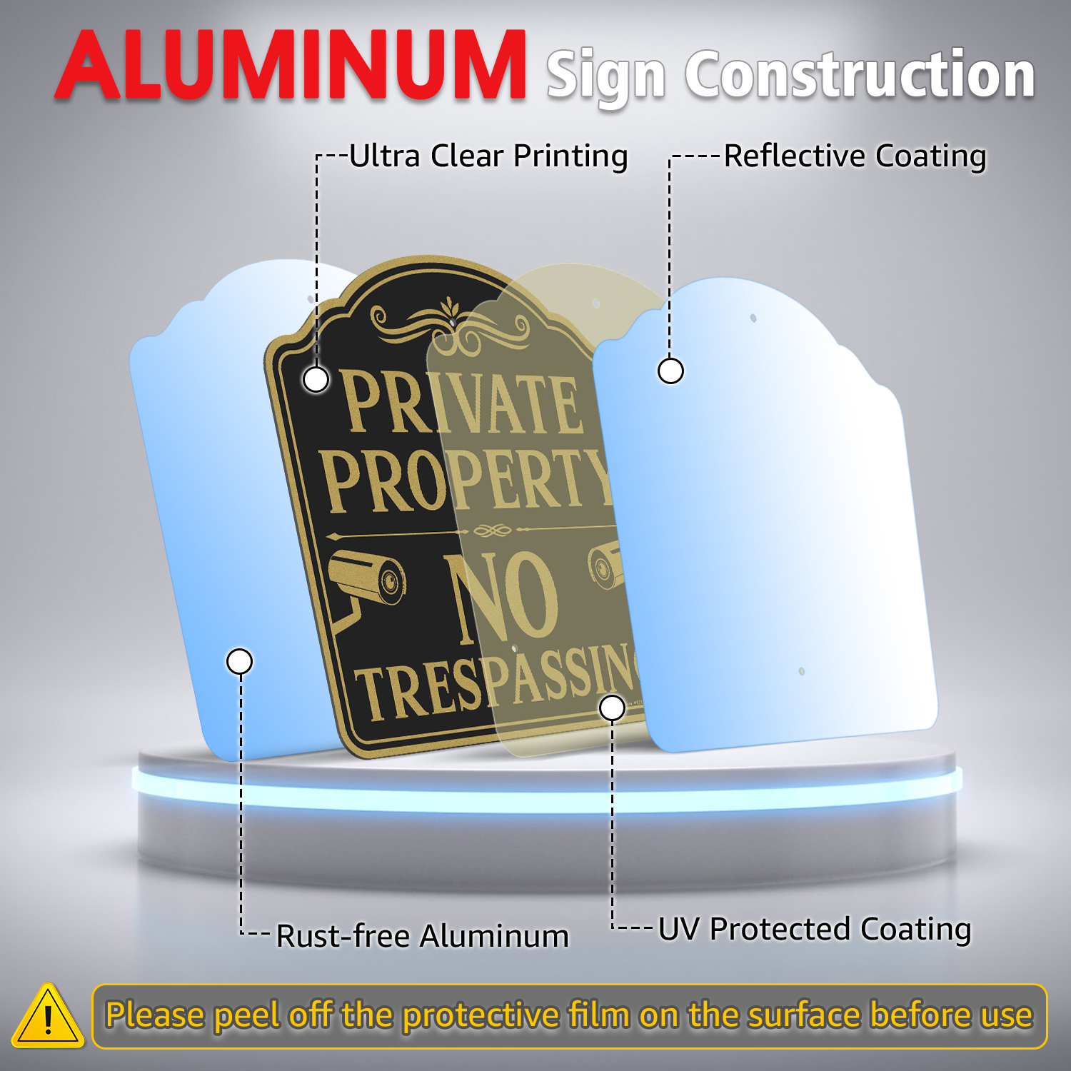 Faittoo Large No Trespassing Sign Private Property with 52" Metal Thick Stake, 2 Pack 12"x12" Rust Free Heavy Aluminum, Reflective, Fade Resistant, Easy to Mount, Outdoor use