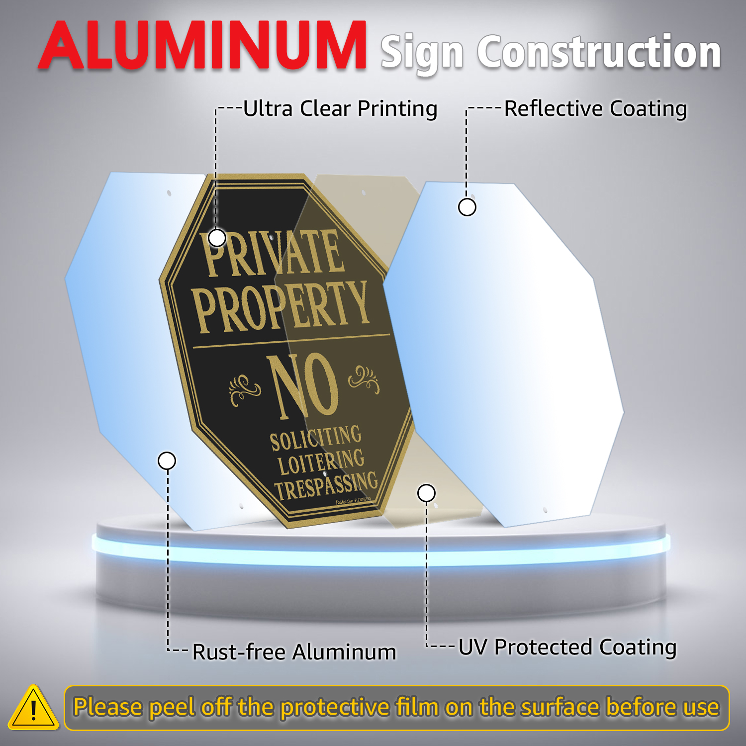 Faittoo Large Private Property No Soliciting Sign for House No Trespassing Sign with 54" Metal Thick Stake, 12"x12" Rust Free Heavy Aluminum, Reflective, Fade Resistant, Easy to Mount, Outdoor Use