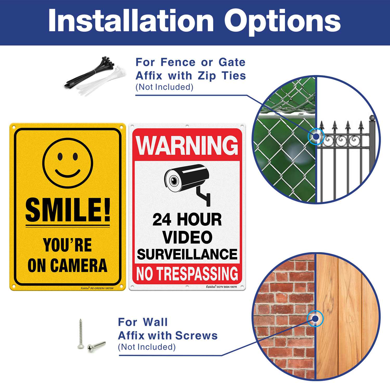 Faittoo Video Surveillance No Trespassing Smile You're On Camera Sign, (4 Pack) 10 x 7 In Rust Free .040 Aluminum Warning Sign for Home, Business, CCTV, Reflective, UV Protected, Fade Resistant