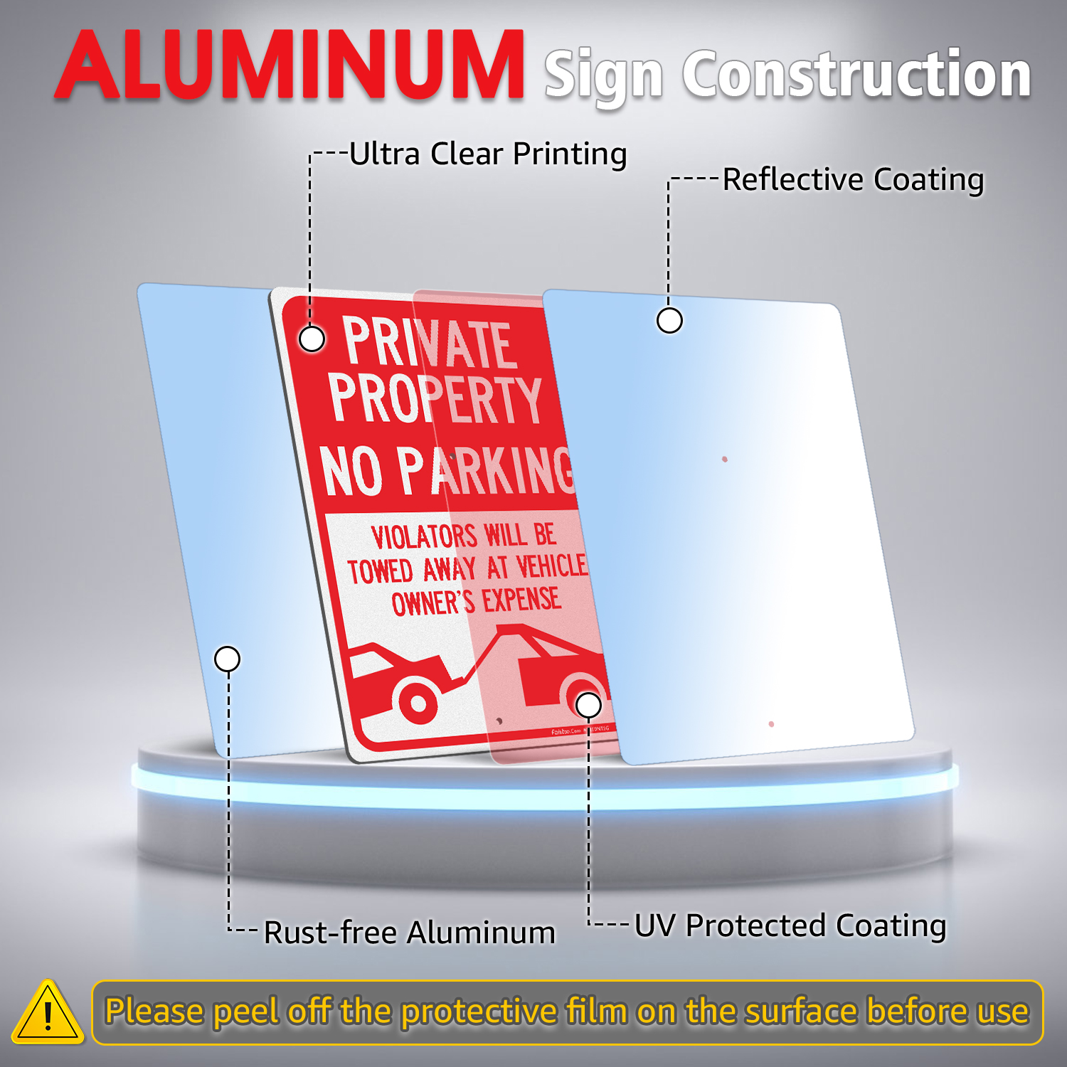 Faittoo Large Private Property No Parking Sign with 54" Metal Thick Stake, 4 Pack 14"x10" Vehicle Towed At Owner's Expense Rust Free Aluminum Sign, Reflective, Fade Resistant, Easy to Mount