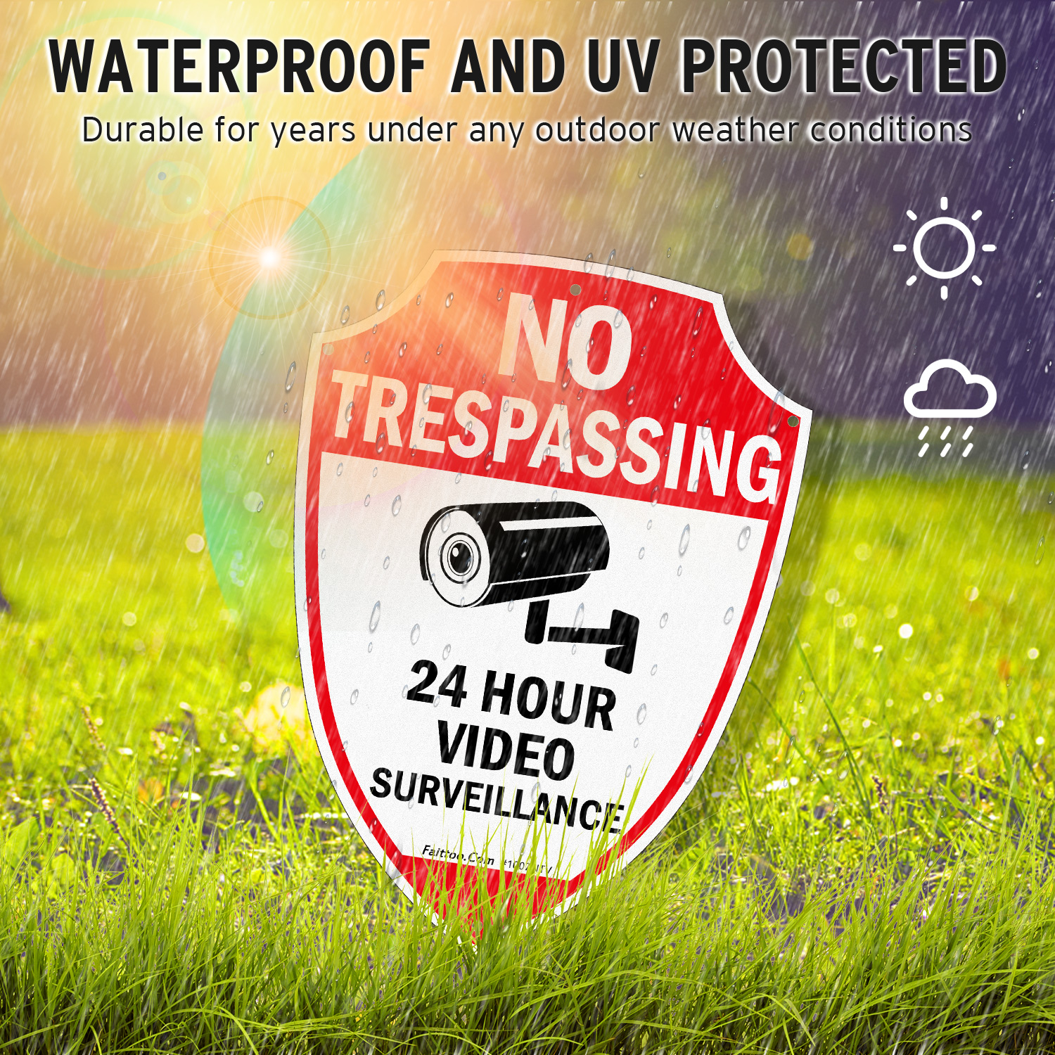 Faittoo No Trespassing Sign, Video Surveillance Signs Outdoor, 4-Pack, 9.6 x 6.8 Inch Reflective Aluminum Warning Sign for Home Business CCTV Security Camera, Weather/Fade Resistant, Shield Shape