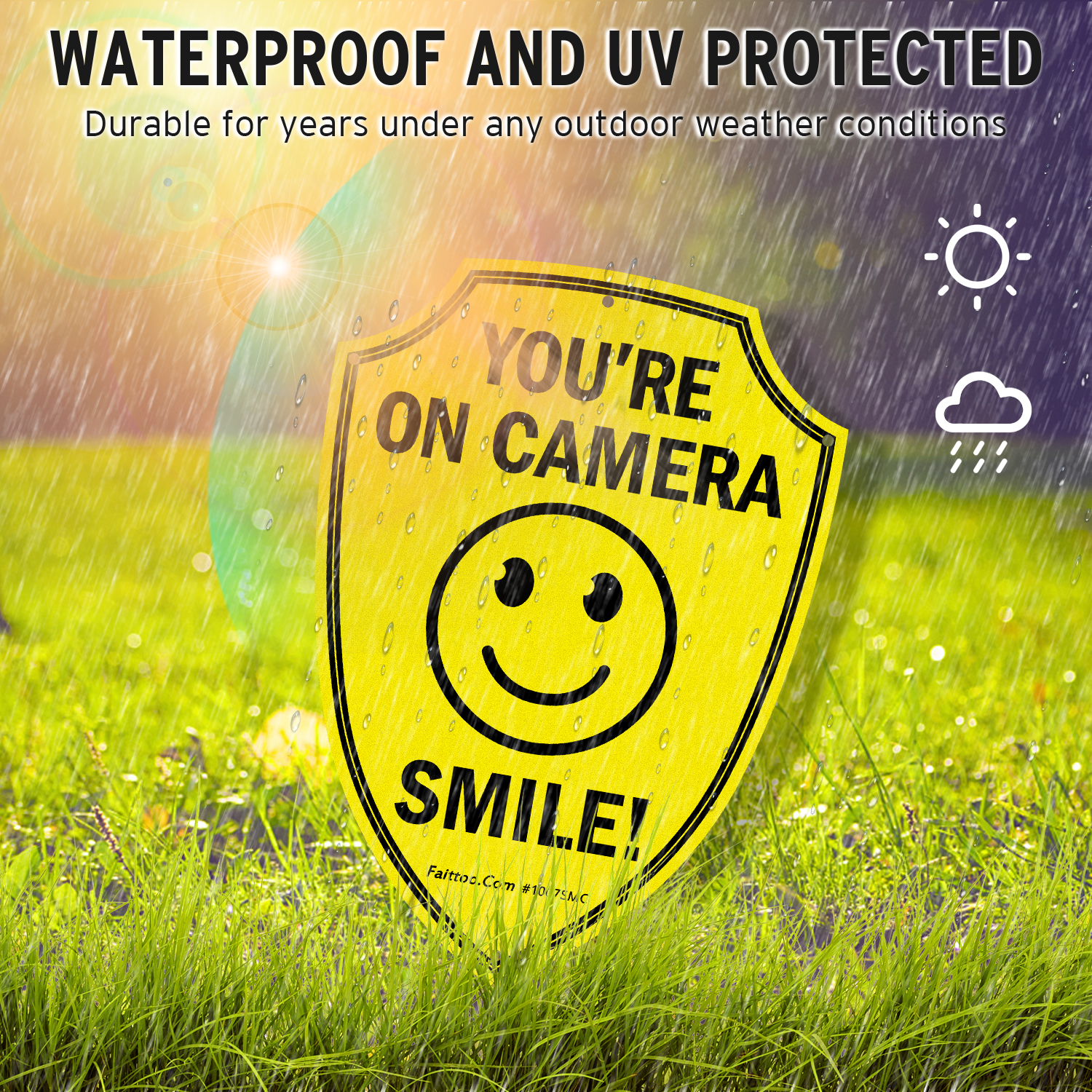 Faittoo Smile You're On Camera Sign, Video Surveillance Signs Outdoor, 4-Pack, 9.6 x 6.8 Inch Reflective Aluminum Warning Sign for Home Business CCTV Security Camera, Weather Resistant, Shield Shape