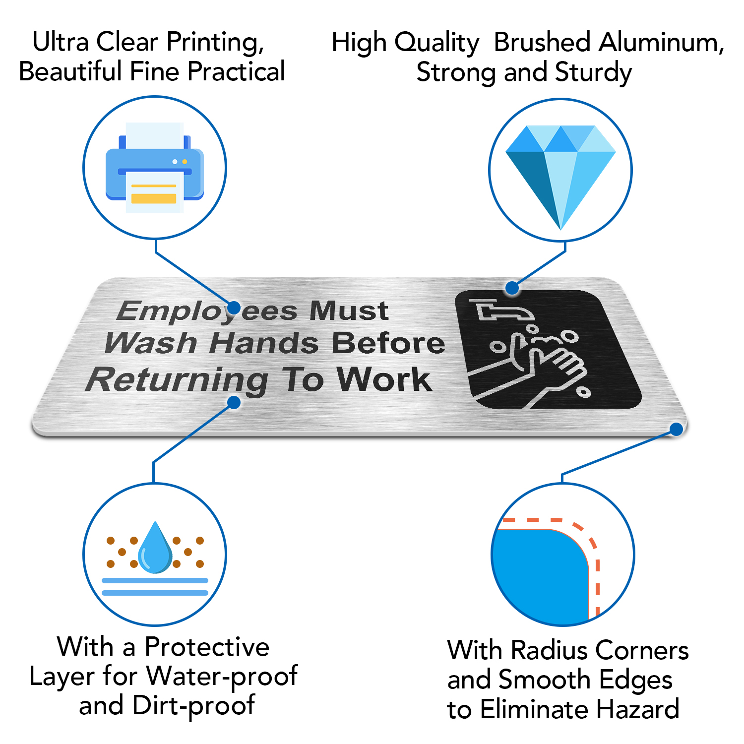 Faittoo Employees Must Wash Hands Before Returning to Work Sign, (8 Pack) Rust Free Brushed Aluminum Sign with Symbols, Self-adhesive, for Restaurant, Salons, Hotel, Rest Stops, Public Restrooms