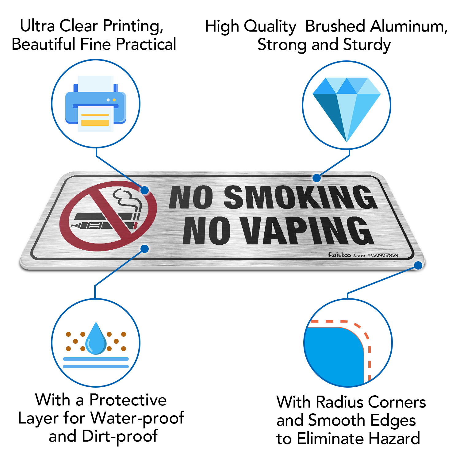 Faittoo No Smoking No Vaping Sign, (8 Pack) 9 X 3 Inches Rust Free Brushed Aluminum Sign, Fade Resistant, Use for Door of Office/Business, Easy to Install