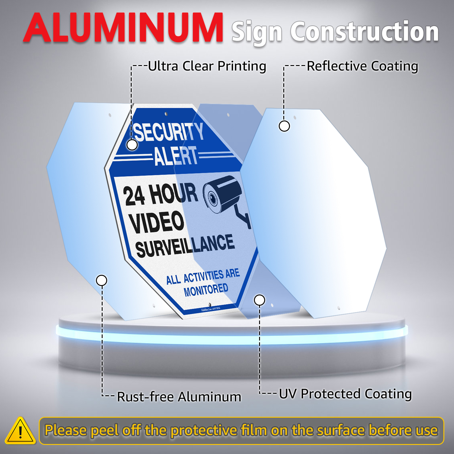 Faittoo Security Sign Video Surveillance Sign with 42" Stake, 4-Pack 10"x10" Rust Free Heavy Aluminum, Reflective, Fade Resistant, 2 pre-drilled holes, Includes Matching Screws & Wrench