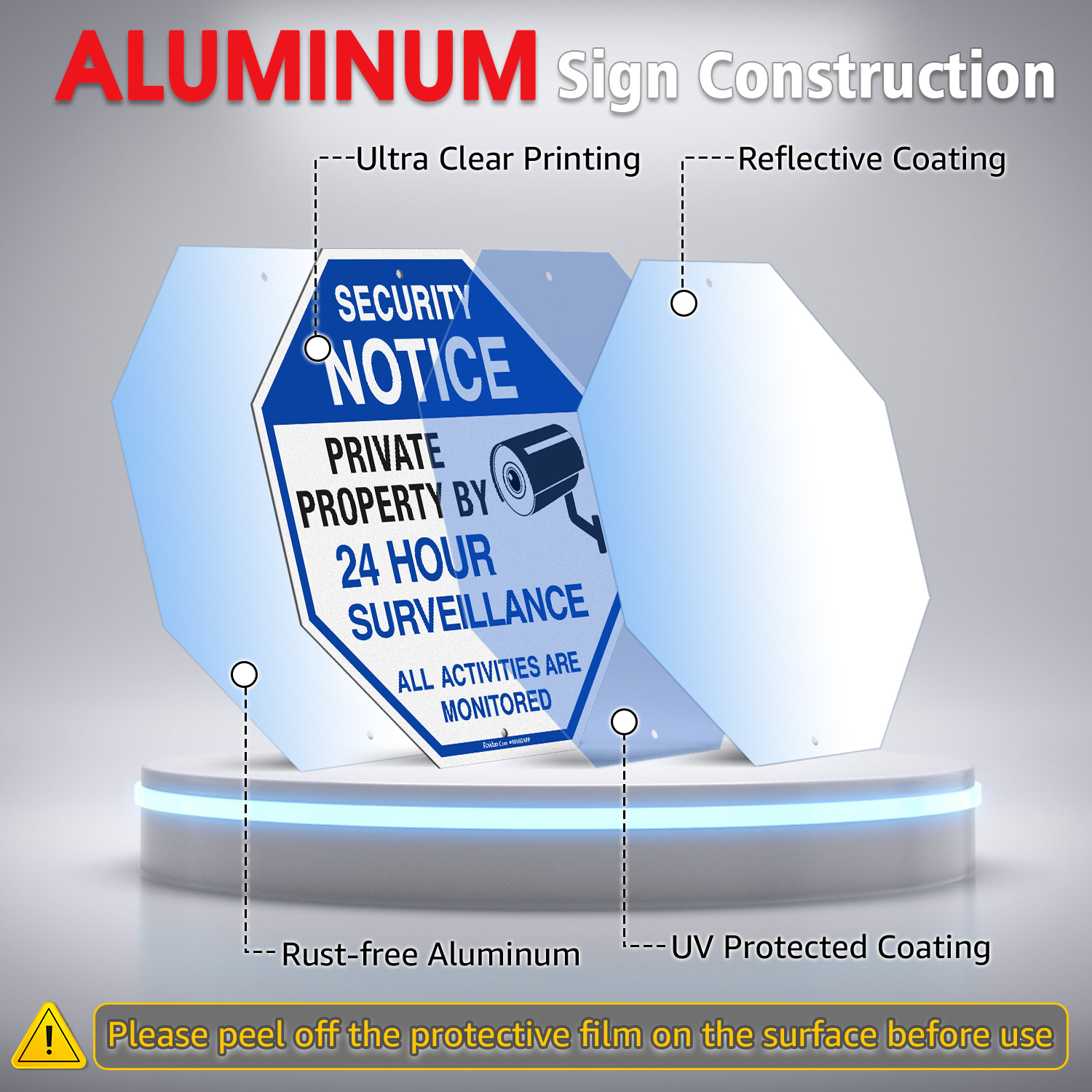 Faittoo Security Signs Private Property Video Surveillance Sign with 42" Stake, 2-Pack 10"x10" Rust Free Aluminum, Reflective, Fade Resistant, 2 pre-drilled holes, Includes Matching Screws & Wrench