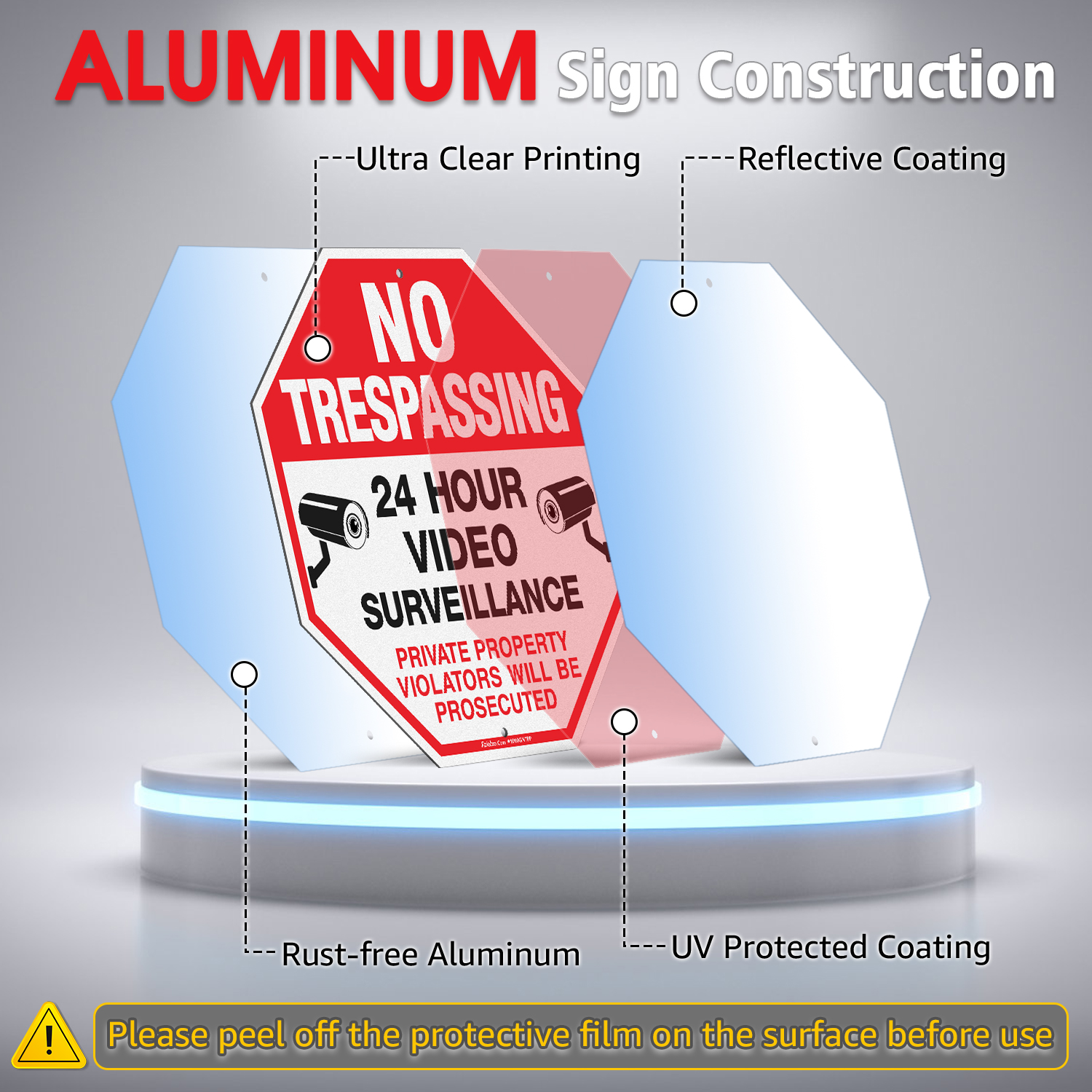 Faittoo No Trespassing Signs Private Property with 42" Stake for Outside, 10"x10" Video Surveillance Sign, Rust Free Aluminum, Reflective, 2 pre-drilled holes, Includes Matching Screws & Wren