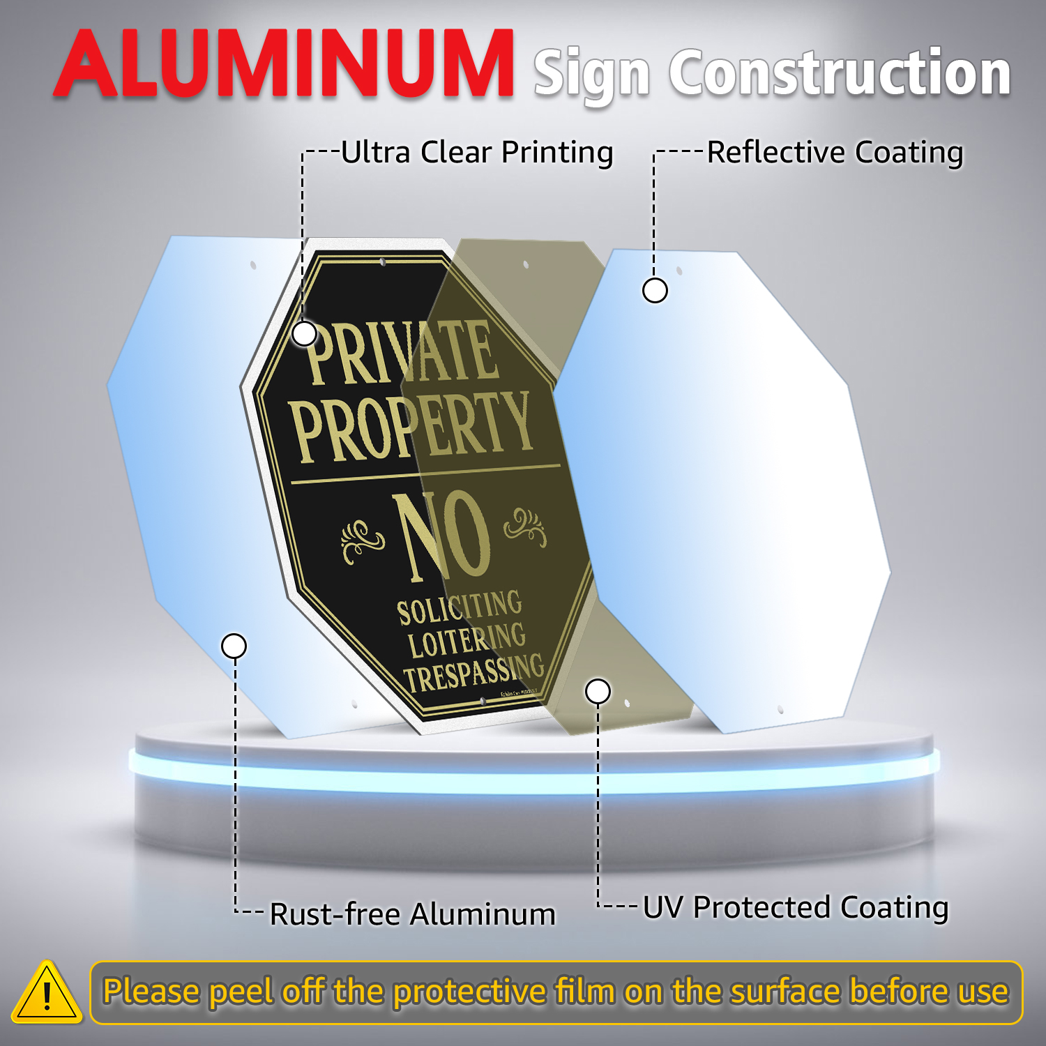 Faittoo Private Property No Soliciting Sign for House with 42" Stake, 10"x10" Rust Free Heavy Aluminum, Reflective, Fade Resistant, 2 pre-drilled holes, Includes Matching Screws & Wrench