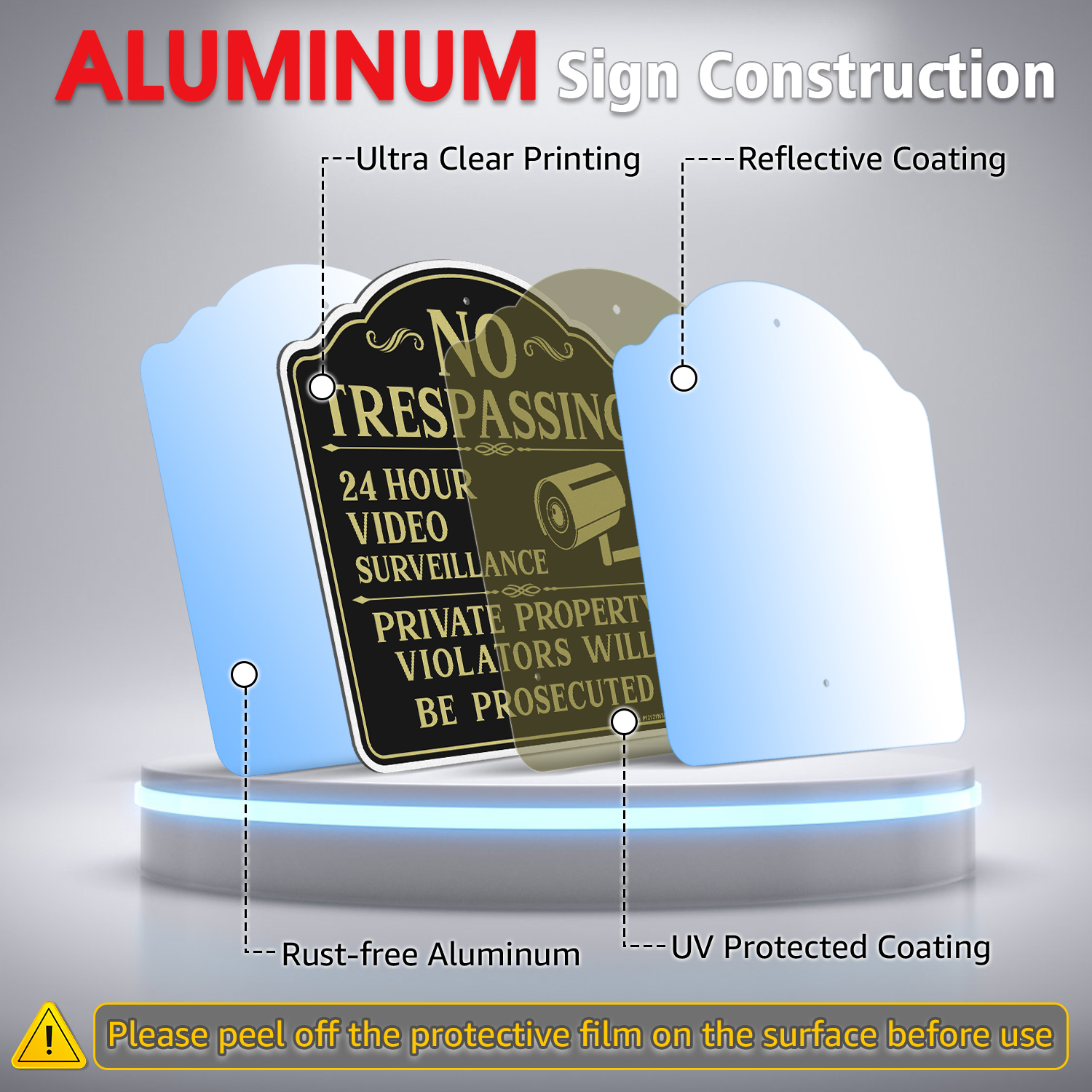 Faittoo No Trespassing Signs Private Property Video Surveillance Sign with 42" Stake, 2-Pack 12"x12" Rust Free Aluminum, Reflective, 2 pre-drilled holes, Includes Matching Screws & Wren