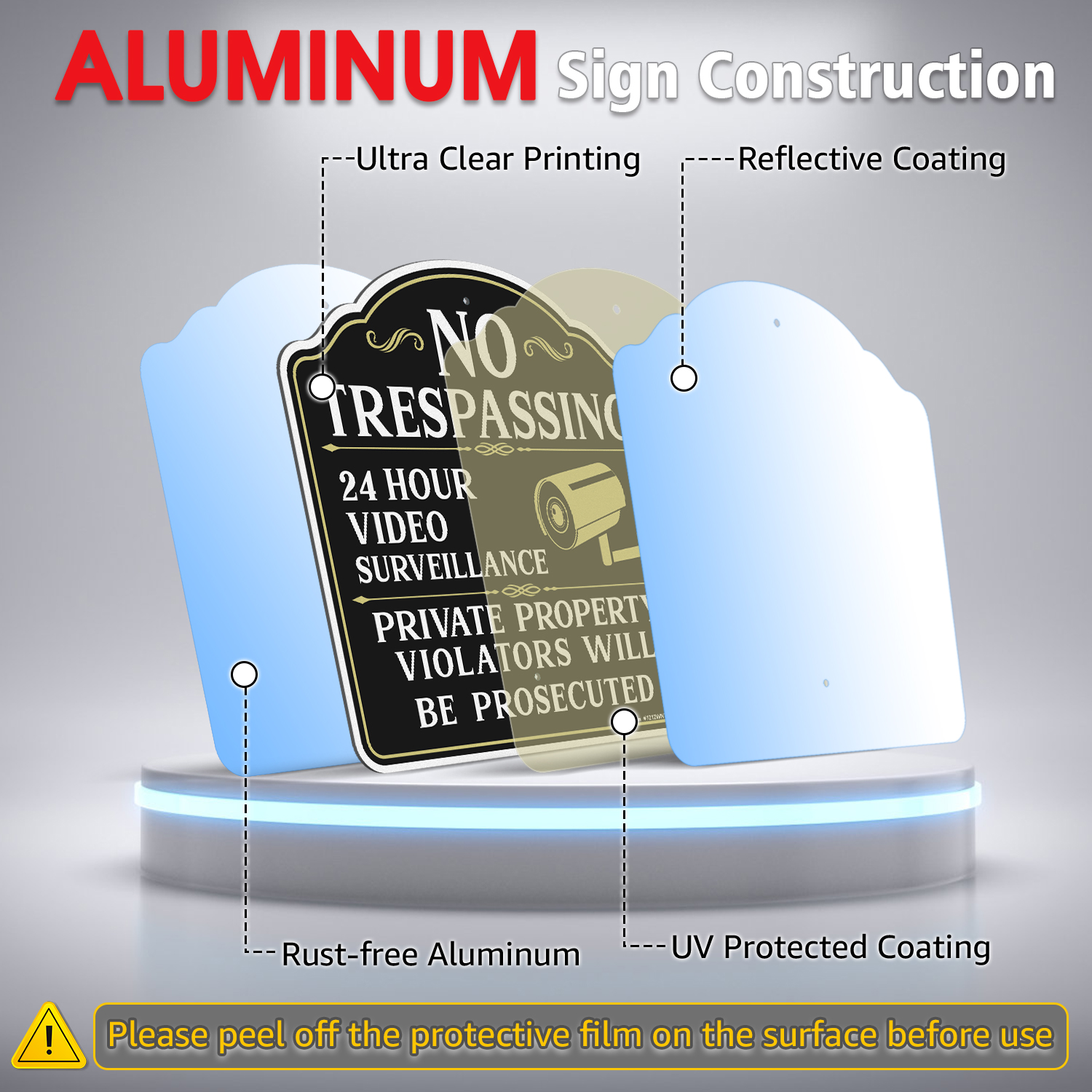 Faittoo No Trespassing Signs Private Property Video Surveillance Sign with 42" Stake, 4-Pack 12"x12" Rust Free Aluminum, Reflective, 2 pre-drilled holes, Includes Matching Screws & Wren (White)