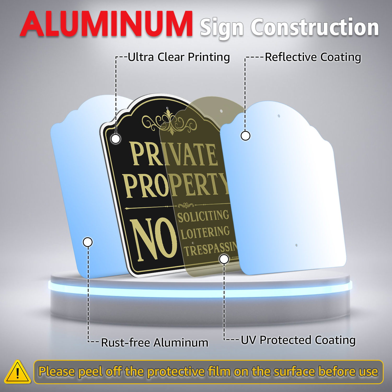 Faittoo Private Property No Soliciting Sign for House with 42" Stake, 4-Pack 12"x12" Rust Free Heavy Aluminum, Reflective, Fade Resistant, 2 pre-drilled holes, Includes Matching Screws & Wrench