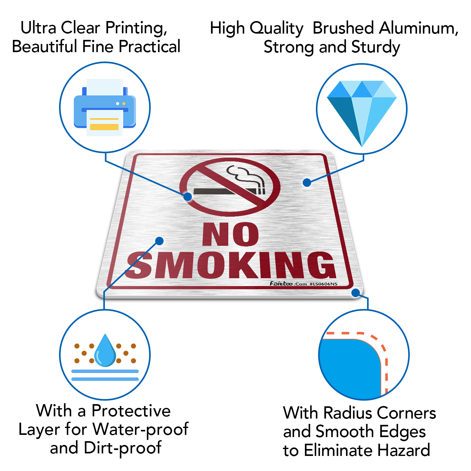 Faittoo No Smoking Sign, (4 Pack) 6 X 6 Inches Rust Free Brushed Aluminum Sign, Self-Adhesive, Fade Resistant, Use for Home Office/Business, Easy to Install, Indoor/Outdoor Use