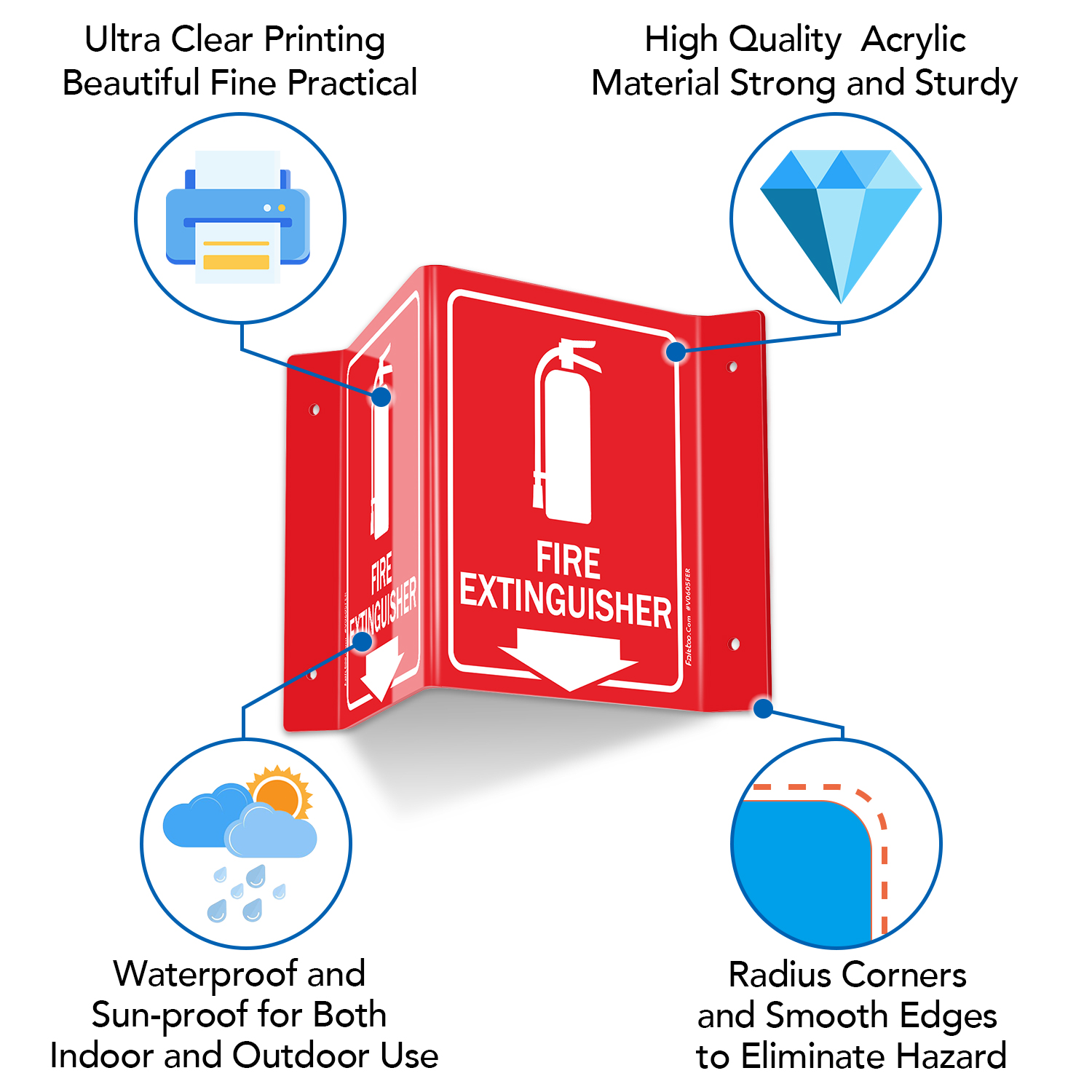 Faittoo Fire Extinguisher Sign, Fire Extinguisher with Down Arrow - 5 Pack 6 x 8 Inches V-Shaped Acrylic Plastic, 4 Pre-Drilled Holes, Includes Matching Screws, Use for Home Office/Business