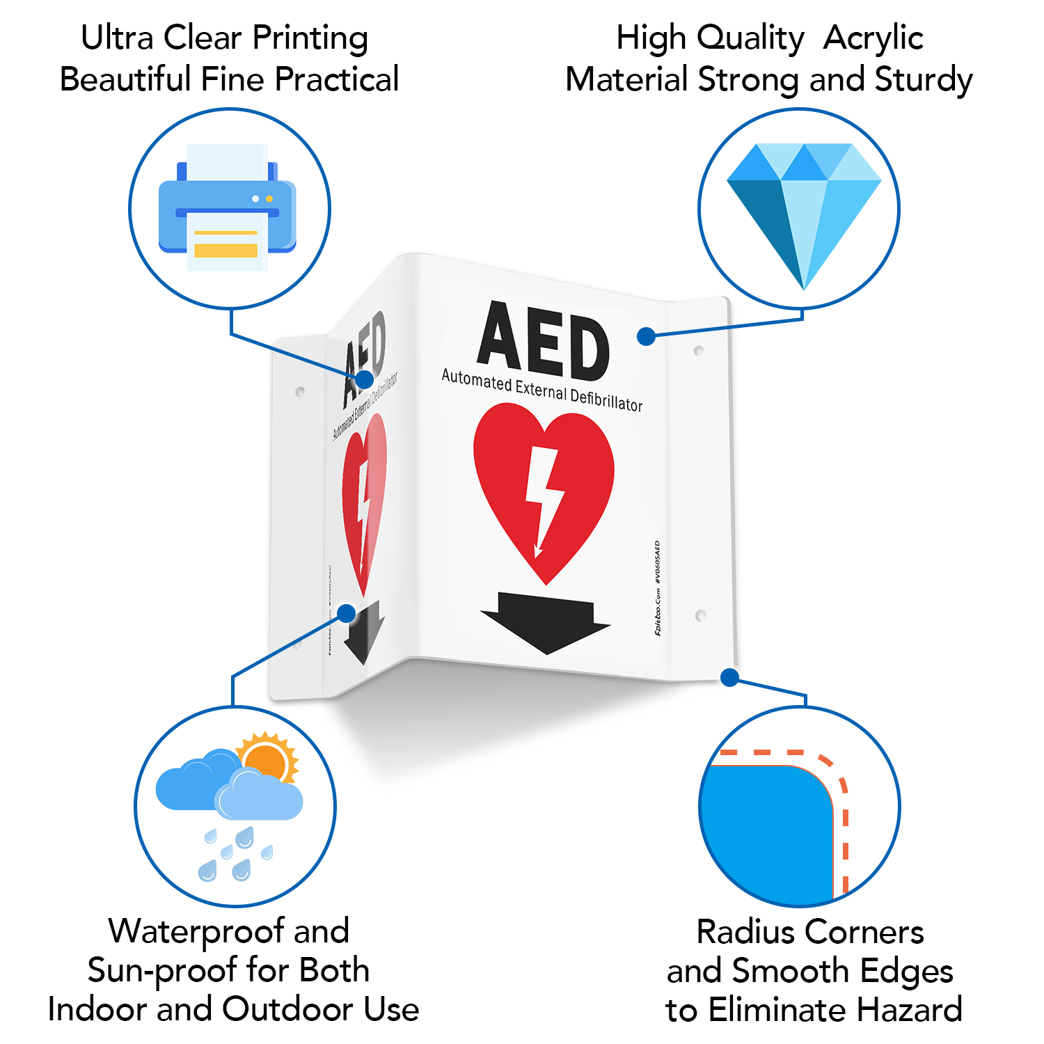 Faittoo AED Sign, AED with Down Arrow - 5 Pack 6 x 8 Inches V-Shaped Acrylic Plastic, 4 Pre-Drilled Holes, Includes Matching Screws, Use for Home Office/Business
