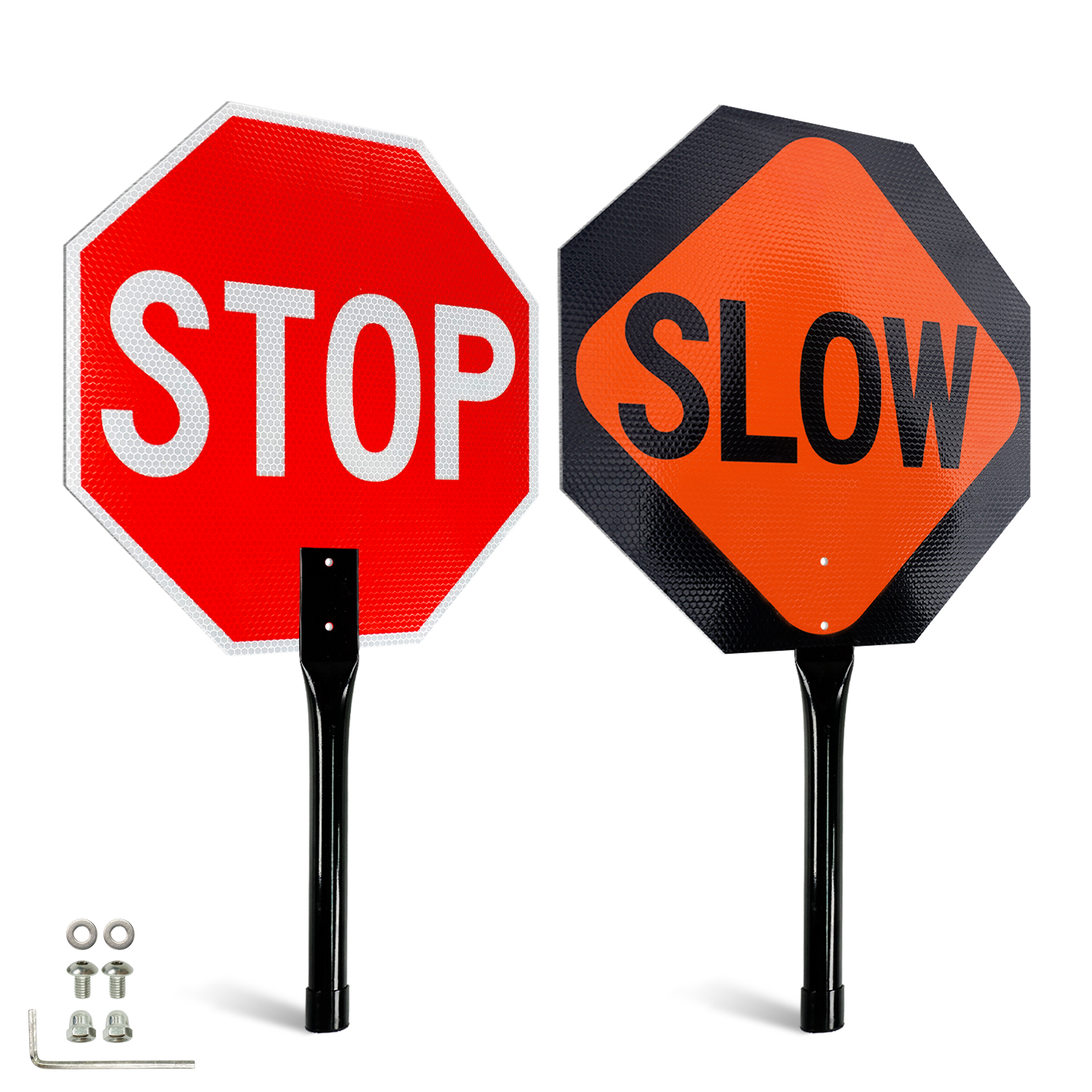 Faittoo Stop Slow Sign with Metal Handle, 18" x 18" Double Sided Engineer Grade Aluminum Sign, Multicolor, Reflective,Sturdy, Easy to Assemble