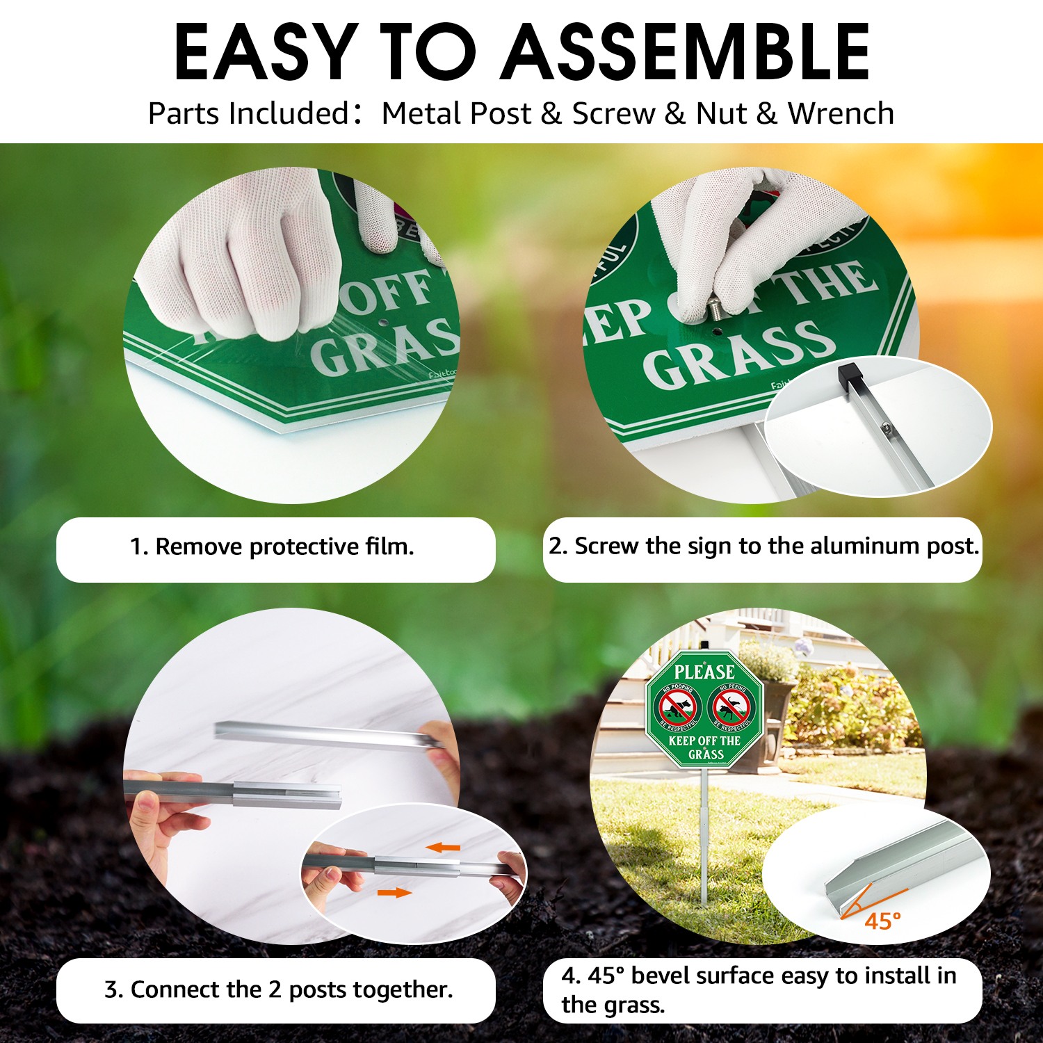 Faittoo No Peeing No Pooping Dog Sign with 36" Stake for yard, Keep off The Grass Sign, 4-Pack 12"x12" Aluminum, Reflective, Fade Resistant, 2 pre-drilled holes, Includes Matching Screws & Wrench