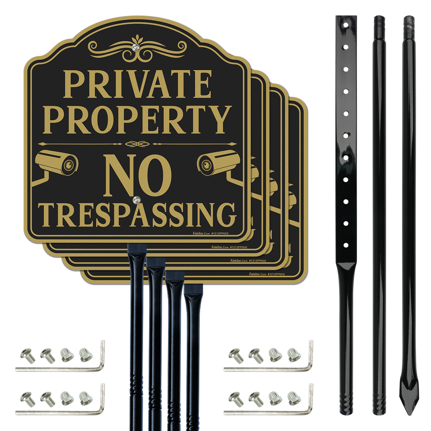 Faittoo Large No Trespassing Sign Private Property with 52" Metal Thick Stake, (4 Pack) 12"x12" Rust Free Heavy Aluminum, Reflective, Fade Resistant, Easy to Mount, Outdoor use