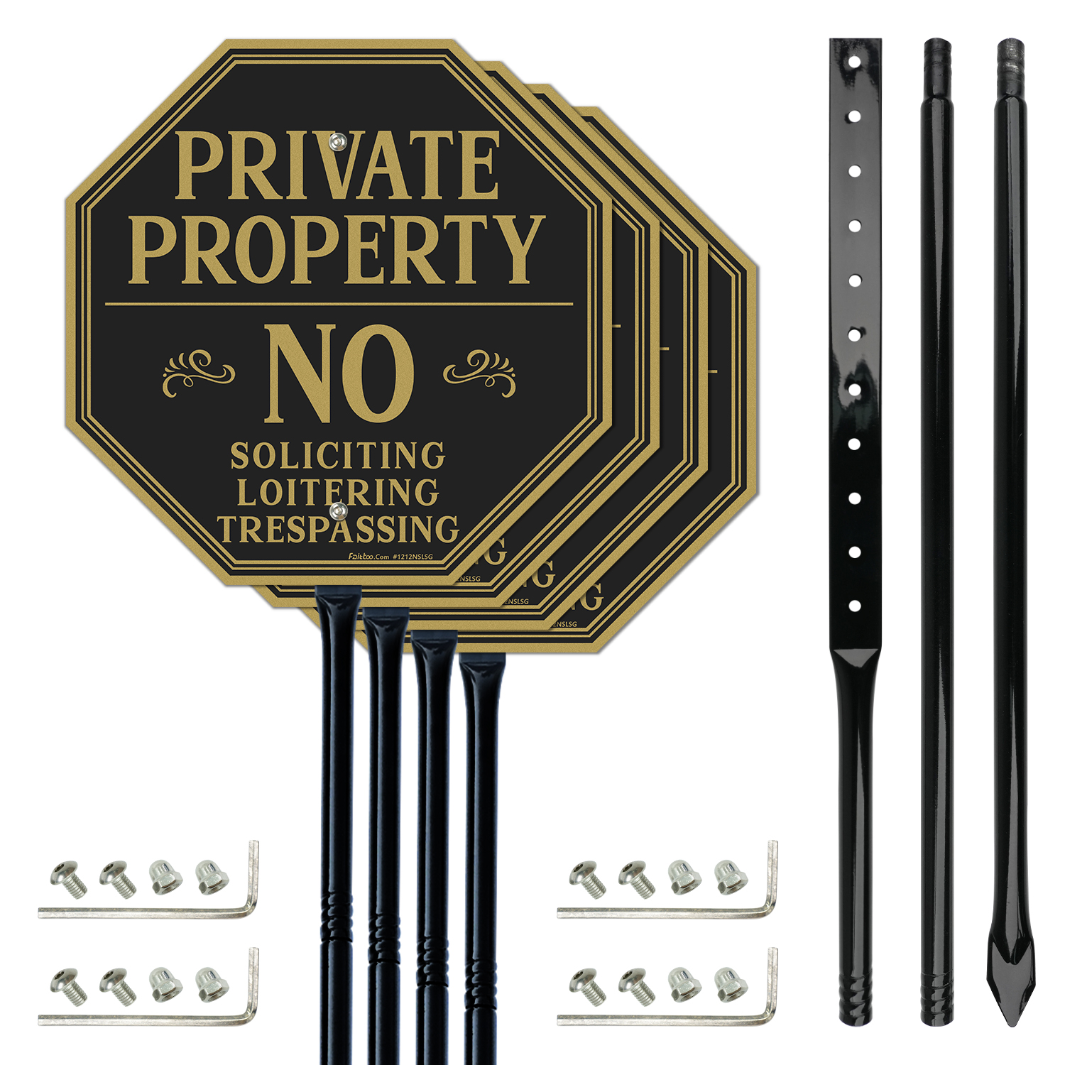 Faittoo Large Private Property No Soliciting Sign for House No Trespassing Sign with 54" Metal Thick Stake, 4 Pack 12"x12" Rust Free Heavy Aluminum, Reflective, Fade Resistant, Easy to Mount