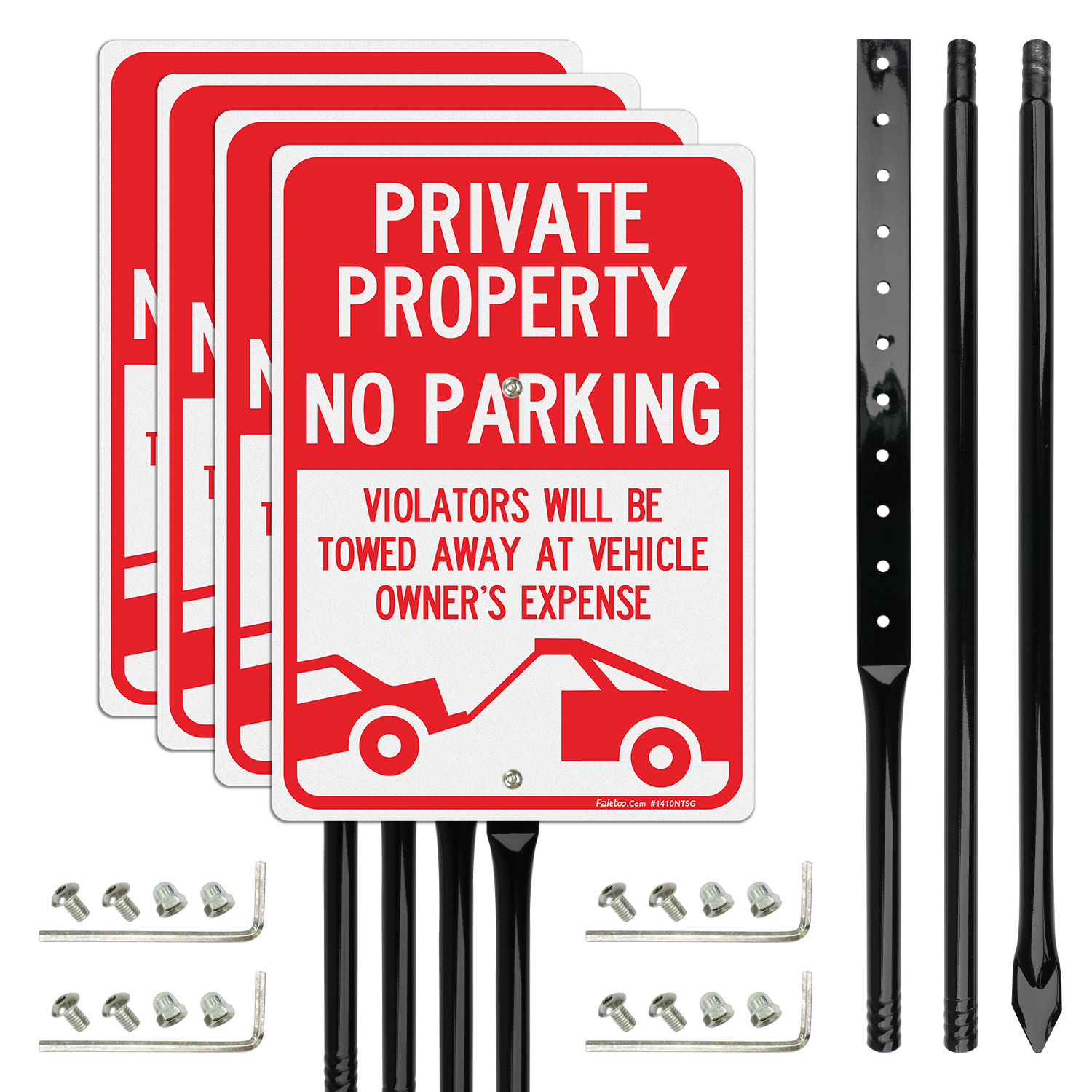 Faittoo Large Private Property No Parking Sign with 54" Metal Thick Stake, 4 Pack 14"x10" Vehicle Towed At Owner's Expense Rust Free Aluminum Sign, Reflective, Fade Resistant, Easy to Mount