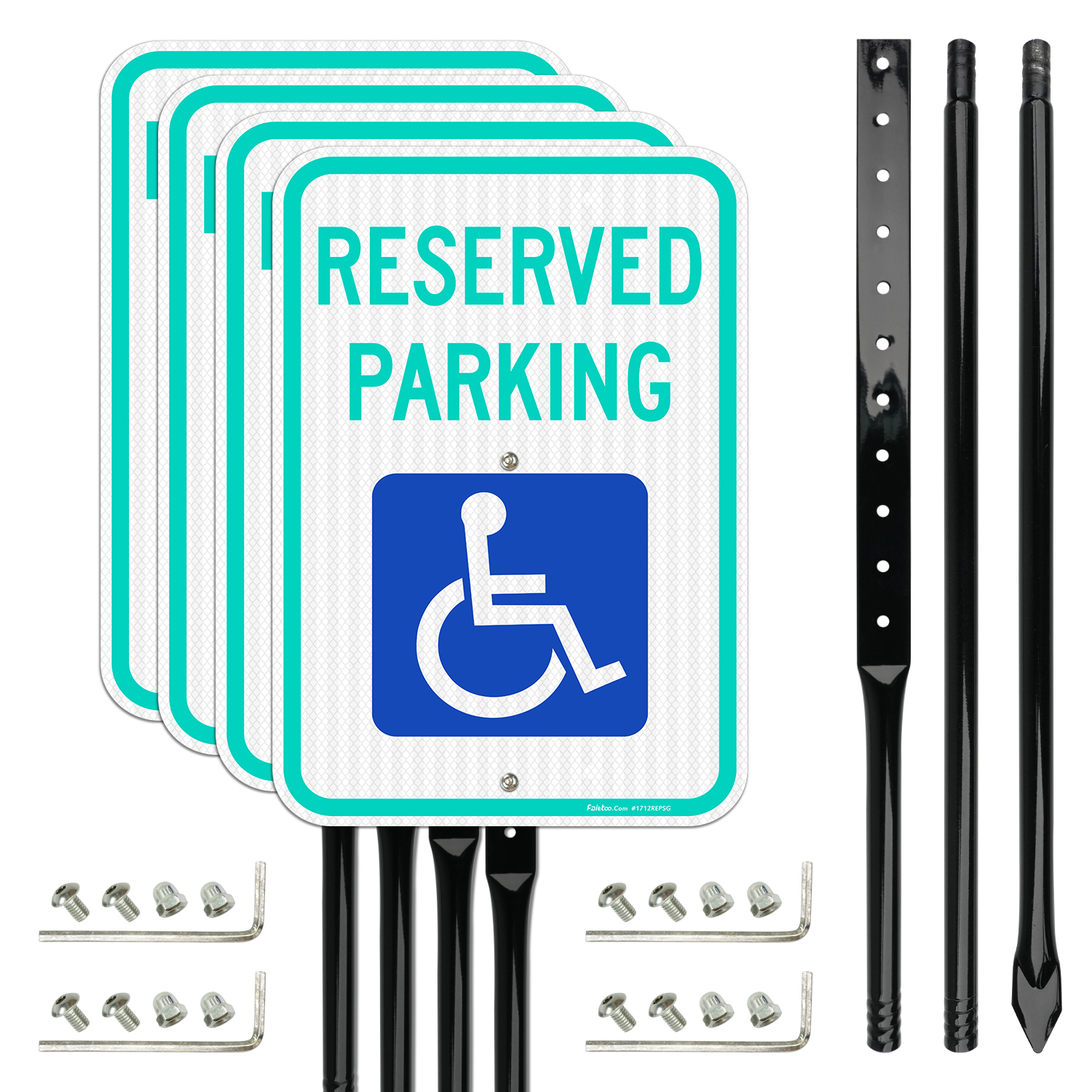 Faittoo Large Reserved Parking Sign with 54" Metal Thick Stake, 4 Pack 17"x12" Handicap Parking with Picture of Wheelchair Sign, Engineer Grade Reflective Sheeting Rust Free Aluminum, Easy to Mount