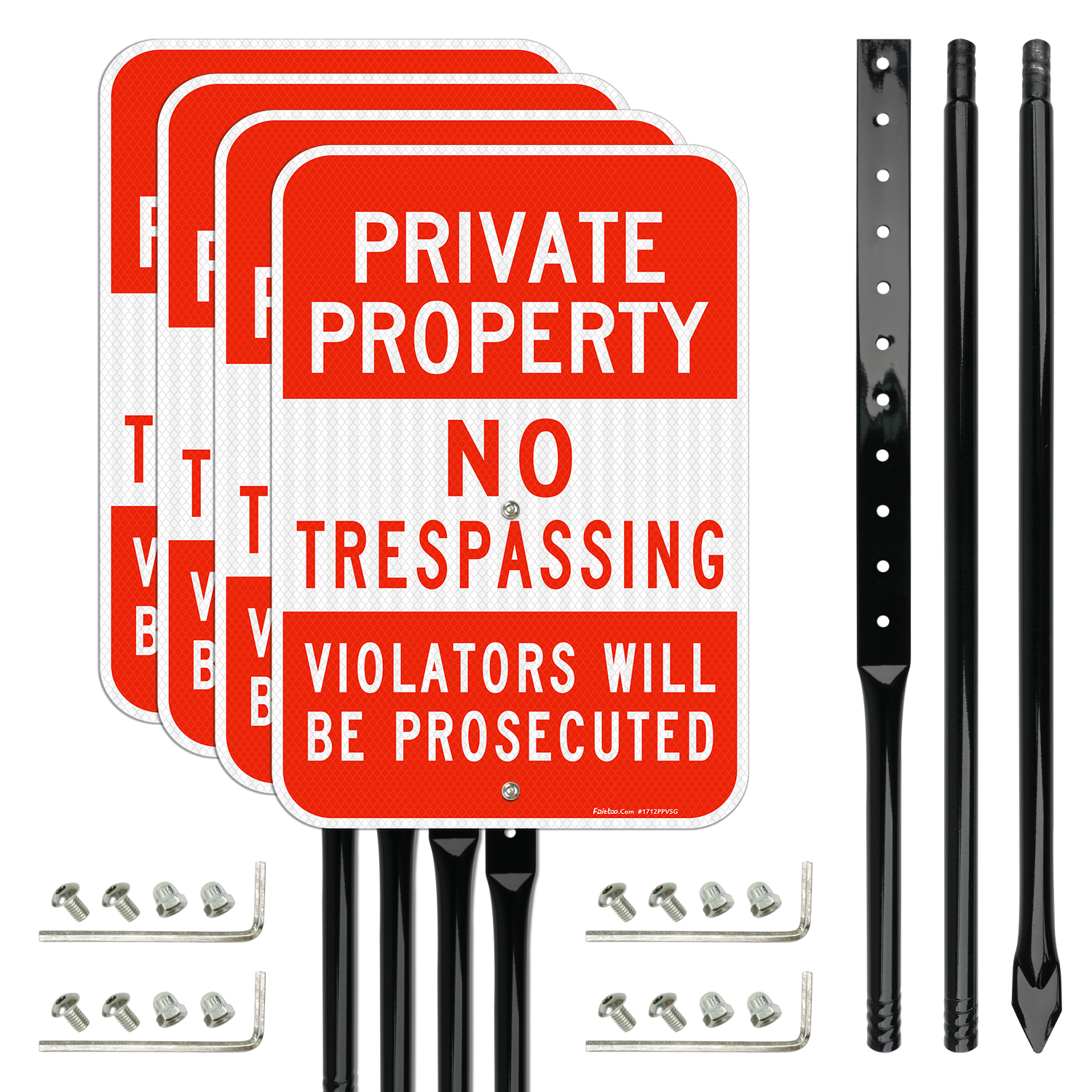 Faittoo Private Property No Trespassing Sign with 54" Metal Thick Stake, Violators Will Be Prosecuted, 4 Pack 17 x 12 Inches Engineer Grade Reflective Sheeting Rust Free Aluminum, Easy to Mount