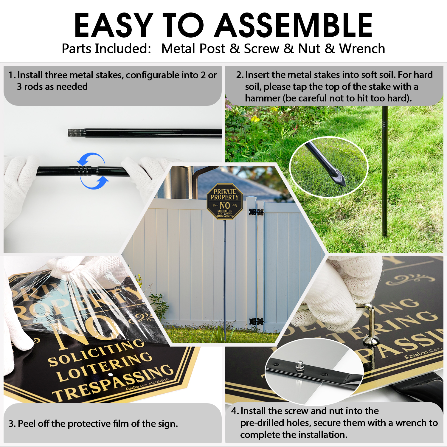 Faittoo Large Private Property No Soliciting Sign for House No Trespassing Sign with 54" Metal Thick Stake, 12"x12" Rust Free Heavy Aluminum, Reflective, Fade Resistant, Easy to Mount, Outdoor Use