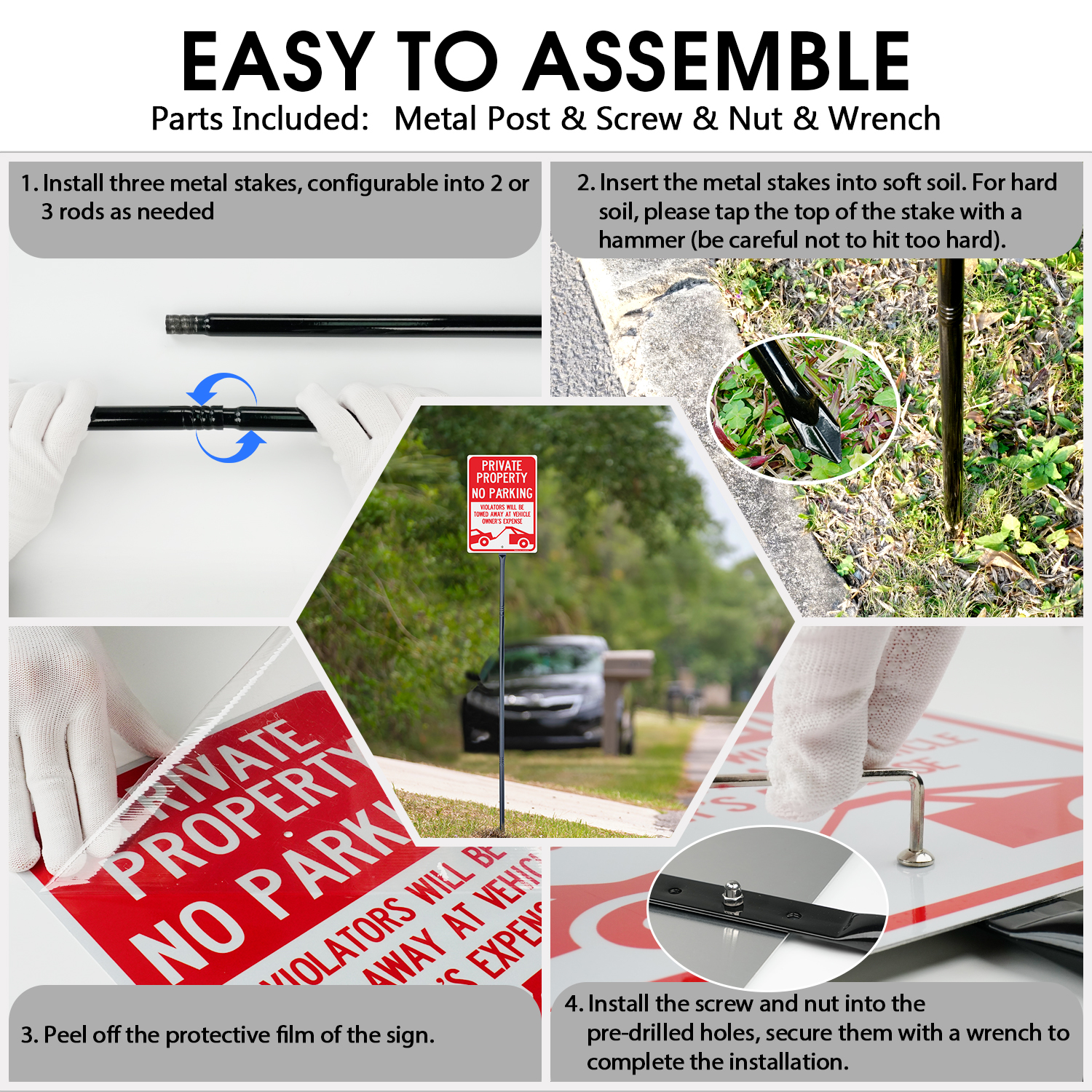 Faittoo Large Private Property No Parking Sign with 54" Metal Thick Stake, 4 Pack 14"x10" Vehicle Towed At Owner's Expense Rust Free Aluminum Sign, Reflective, Fade Resistant, Easy to Mount