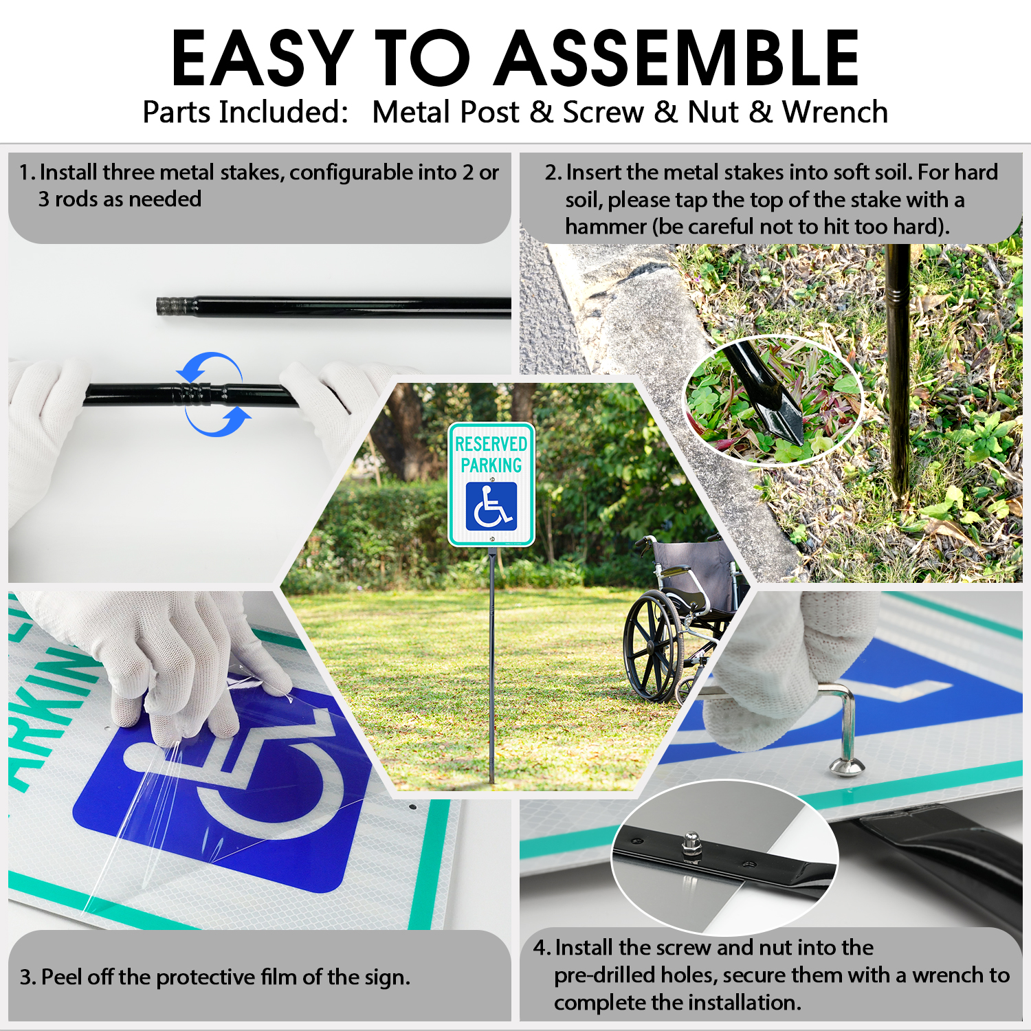 Faittoo Large Reserved Parking Sign with 54" Metal Thick Stake, 2 Pack 17"x12" Handicap Parking with Picture of Wheelchair Sign, Engineer Grade Reflective Sheeting Rust Free Aluminum, Easy to Mount