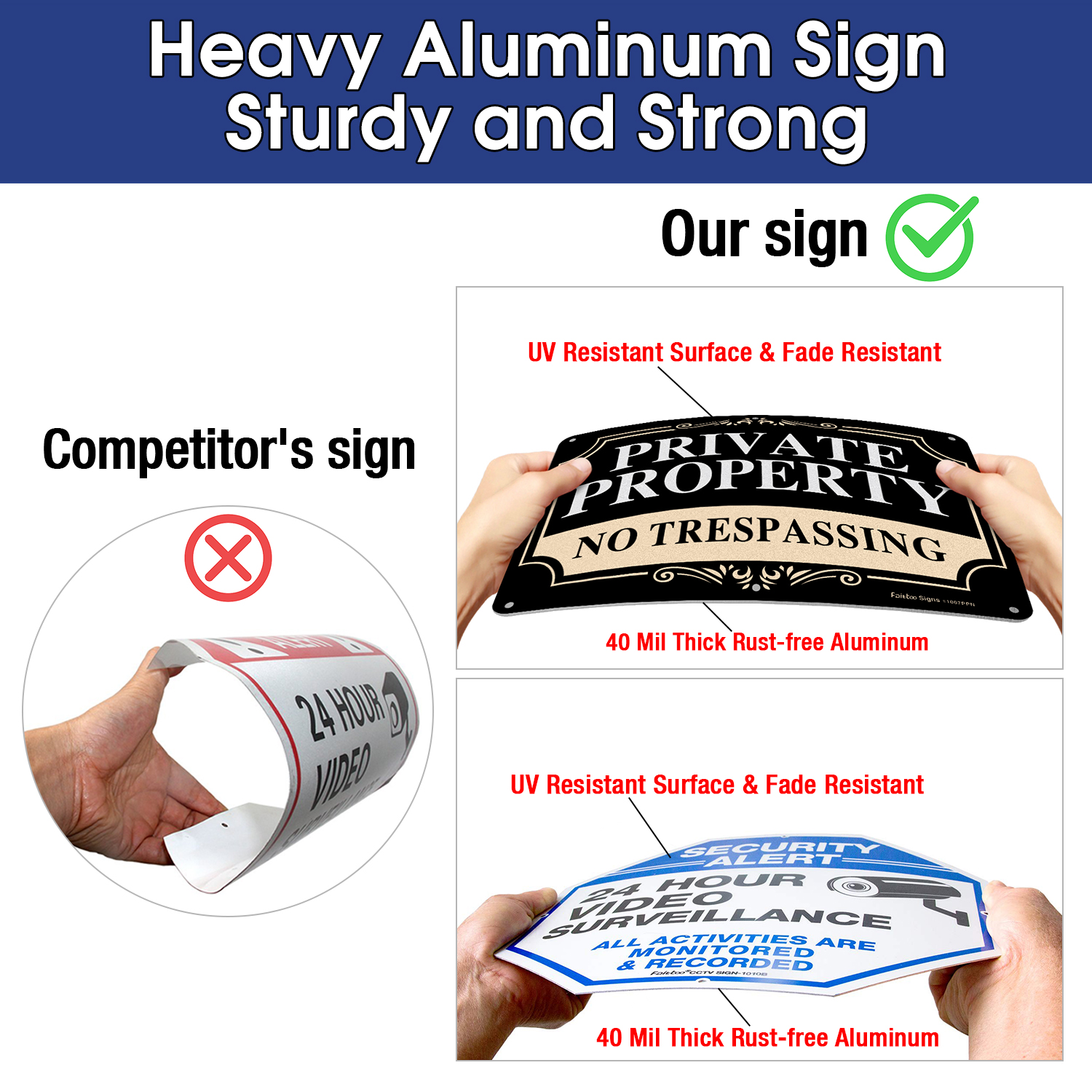 Faittoo 10 inches Video Surveillance Signs with 10 x 7 inches Private Property No Trespassing Signs，0.40 Aluminum Reflective Metal Signs. Indoor or Outdoor Use for Home Business