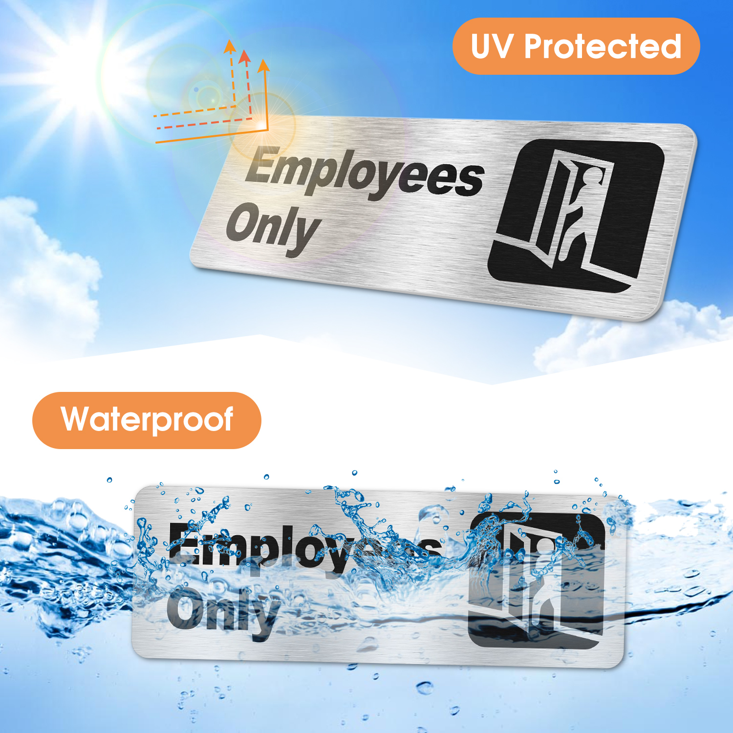 Faittoo Employees Only Sign, (4 Pack) 9 X 3 Inches Informative Rust Free Brushed Aluminum Sign with Symbols, Fade Resistant, Use for Door of Office/Business, Easy to Install