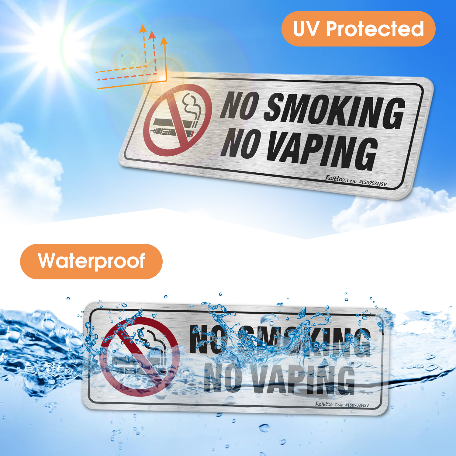 Faittoo No Smoking No Vaping Sign, (8 Pack) 9 X 3 Inches Rust Free Brushed Aluminum Sign, Fade Resistant, Use for Door of Office/Business, Easy to Install