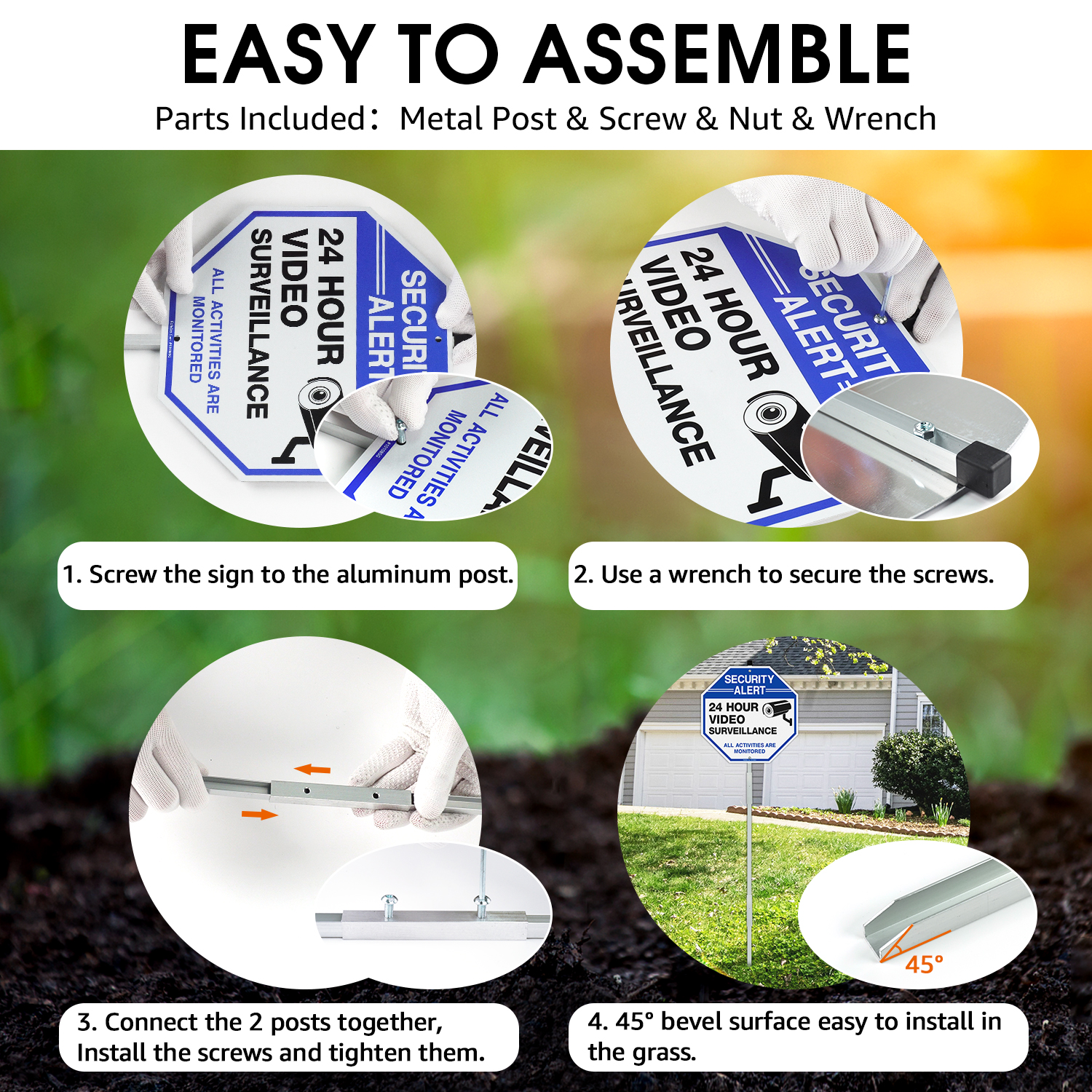 Faittoo Security Sign Video Surveillance Sign with 42" Stake, 4-Pack 10"x10" Rust Free Heavy Aluminum, Reflective, Fade Resistant, 2 pre-drilled holes, Includes Matching Screws & Wrench