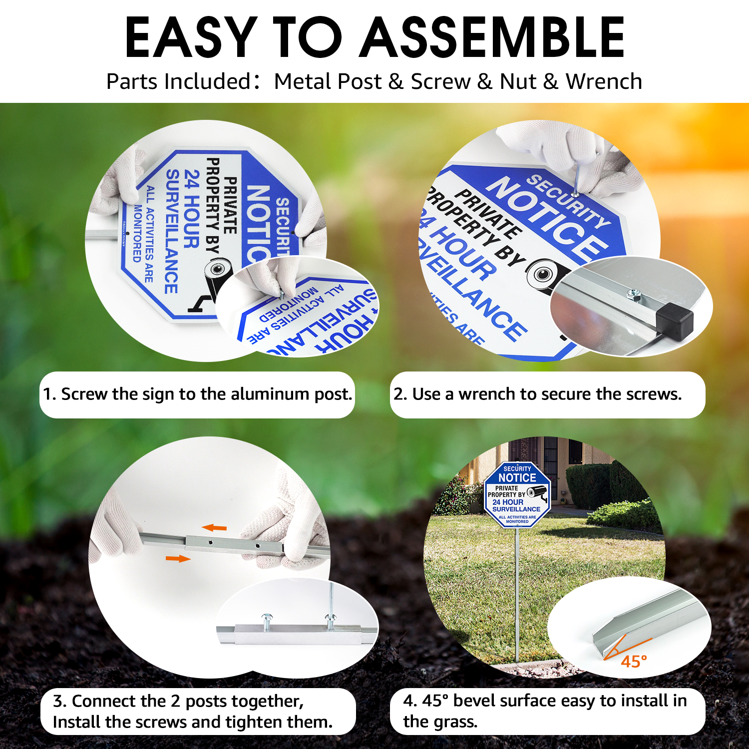 Faittoo Security Signs Private Property Video Surveillance Sign with 42" Stake, 2-Pack 10"x10" Rust Free Aluminum, Reflective, Fade Resistant, 2 pre-drilled holes, Includes Matching Screws & Wrench