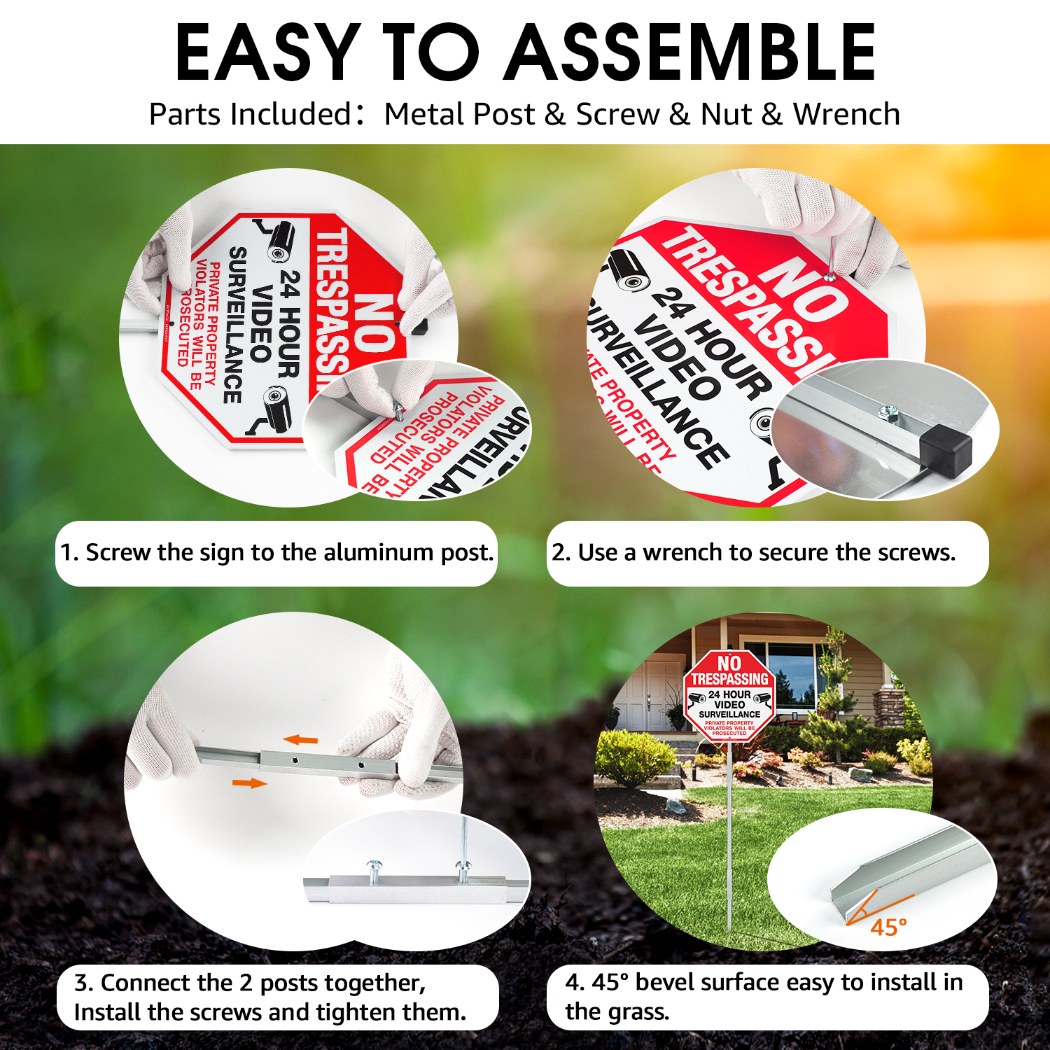 Faittoo No Trespassing Signs Private Property with 42" Stake for Outside, 10"x10" Video Surveillance Sign, Rust Free Aluminum, Reflective, 2 pre-drilled holes, Includes Matching Screws & Wren