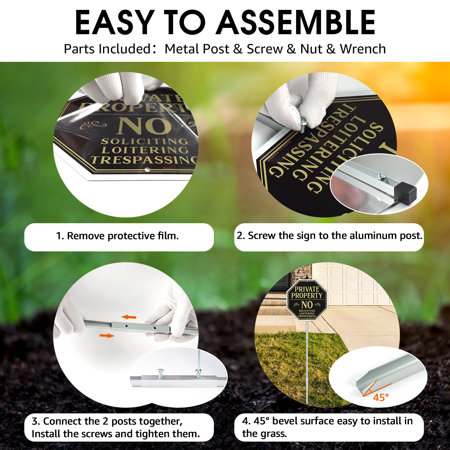 Faittoo Private Property No Soliciting Sign for House with 42" Stake, 10"x10" Rust Free Heavy Aluminum, Reflective, Fade Resistant, 2 pre-drilled holes, Includes Matching Screws & Wrench