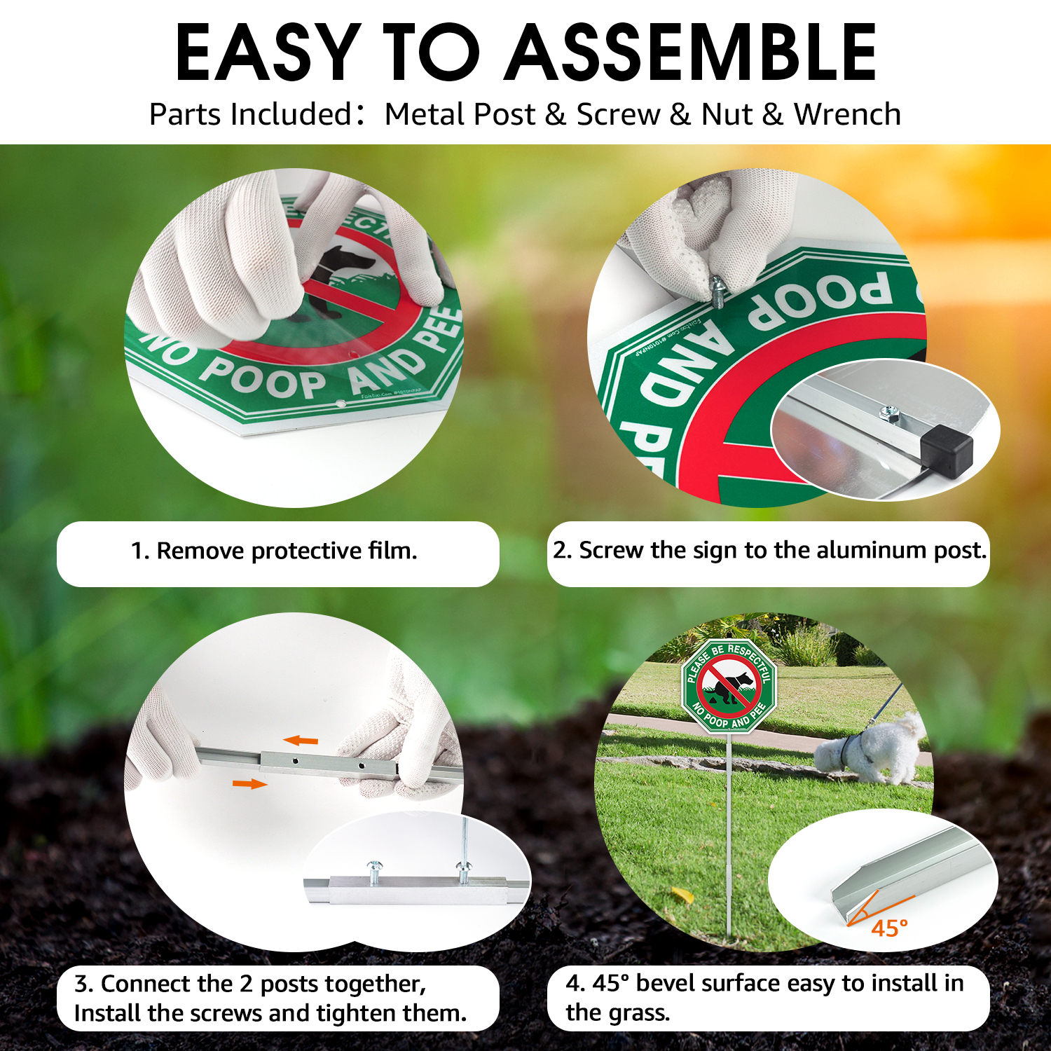 Faittoo No Peeing No Pooping Dog Sign with 42" Stake for yard, 2-Pack 10"x10" Rust Free Heavy Aluminum, Reflective, Fade Resistant, 2 pre-drilled holes, Includes Matching Screws & Wrench