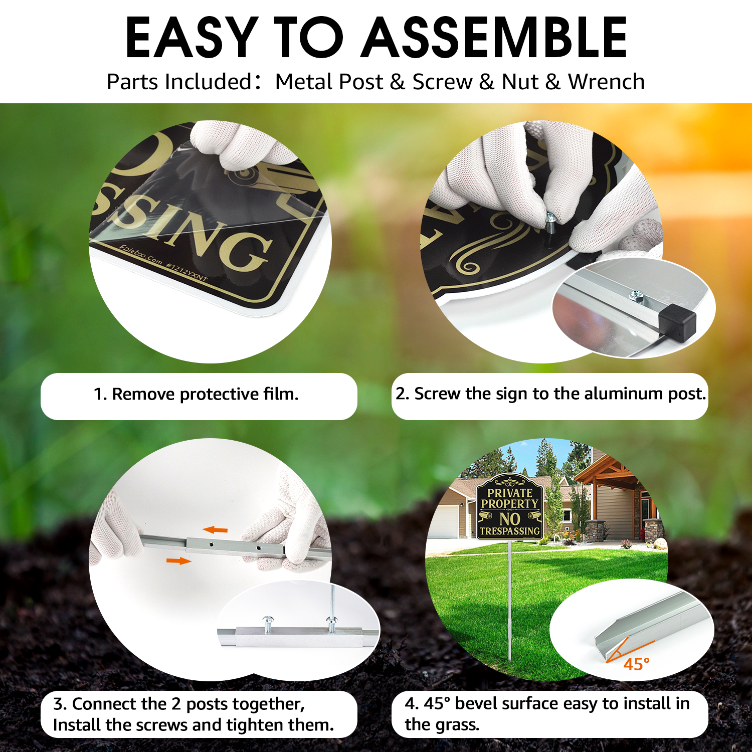 Faittoo No Trespassing Sign Private Property with 42" Stake, 12"x12" Rust Free Heavy Aluminum, Reflective, Fade Resistant, 2 pre-drilled holes, Includes Matching Screws & Wrench