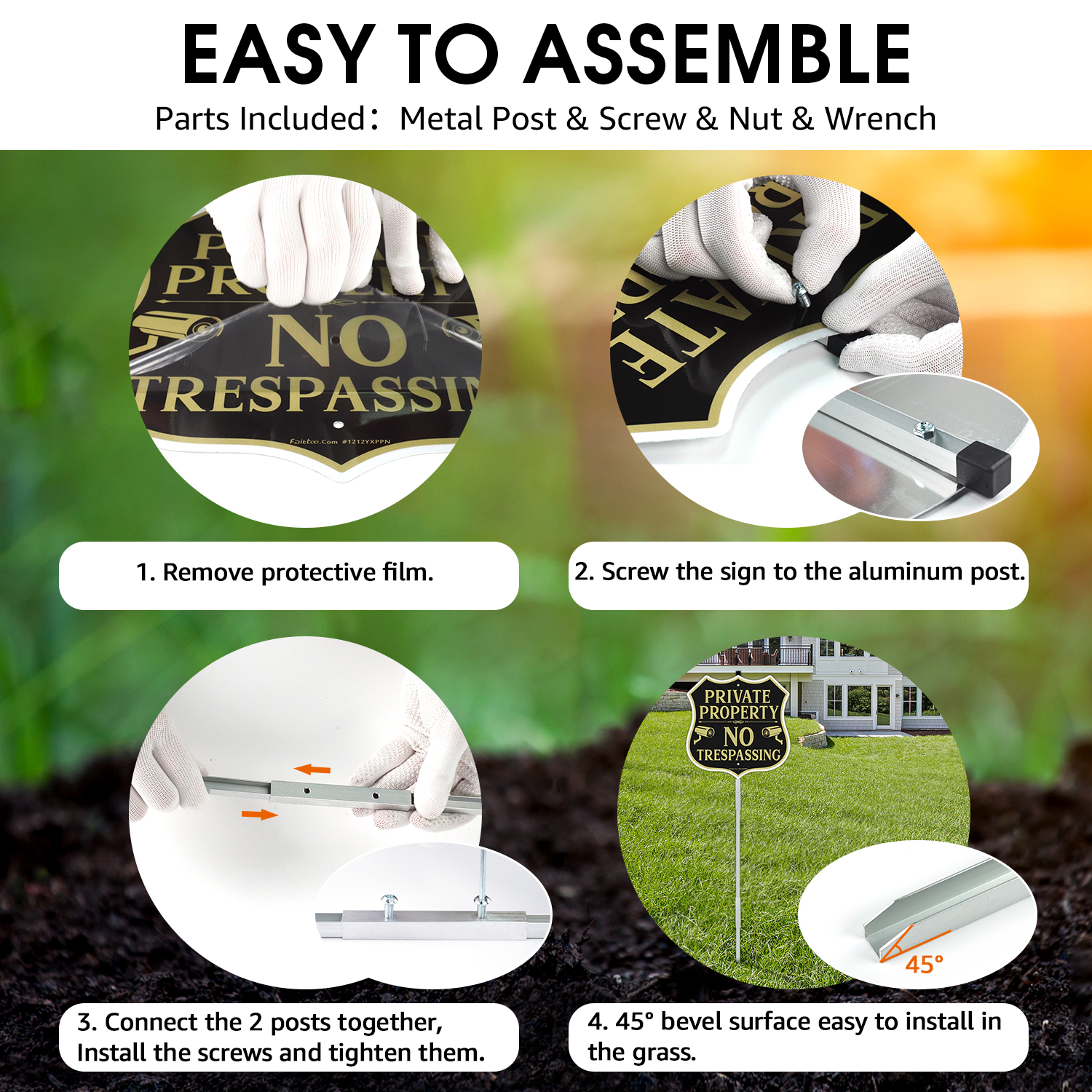 Faittoo No Trespassing Signs Private Property Video Surveillance Sign with 42" Stake, 2-Pack 12"x12" Rust Free Aluminum, Reflective, 2 pre-drilled holes, Includes Matching Screws & Wren